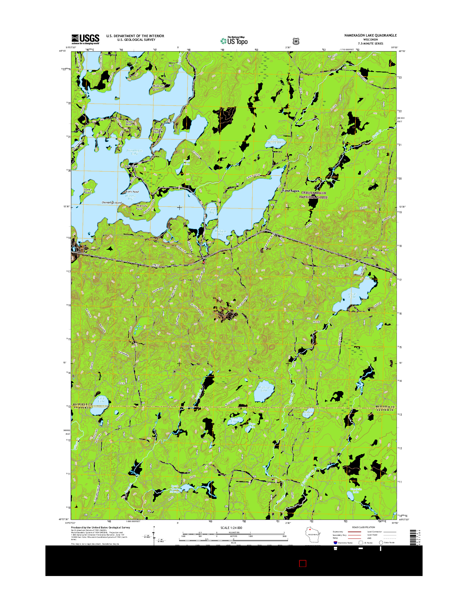 USGS US TOPO 7.5-MINUTE MAP FOR NAMEKAGON LAKE, WI 2015