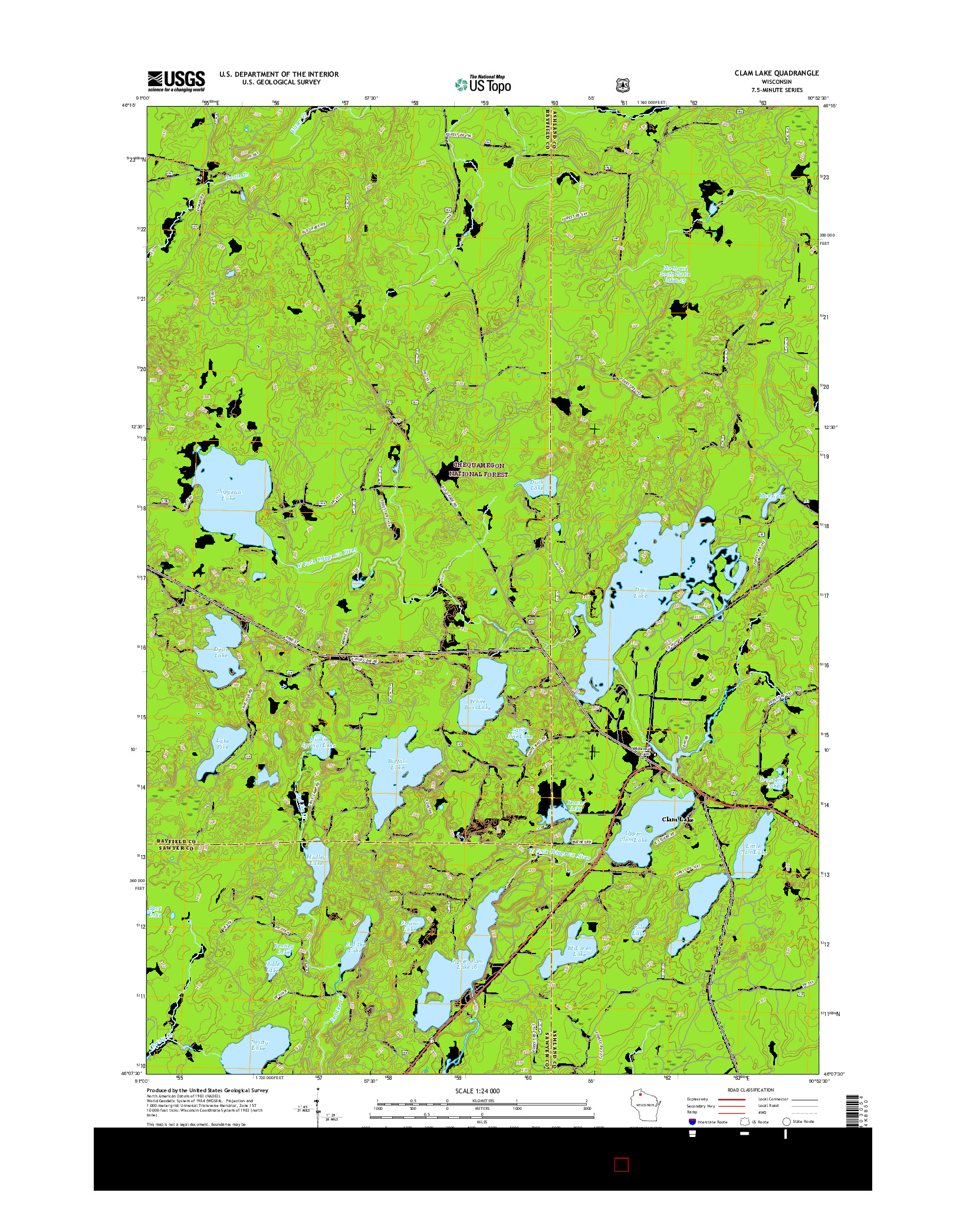 USGS US TOPO 7.5-MINUTE MAP FOR CLAM LAKE, WI 2015