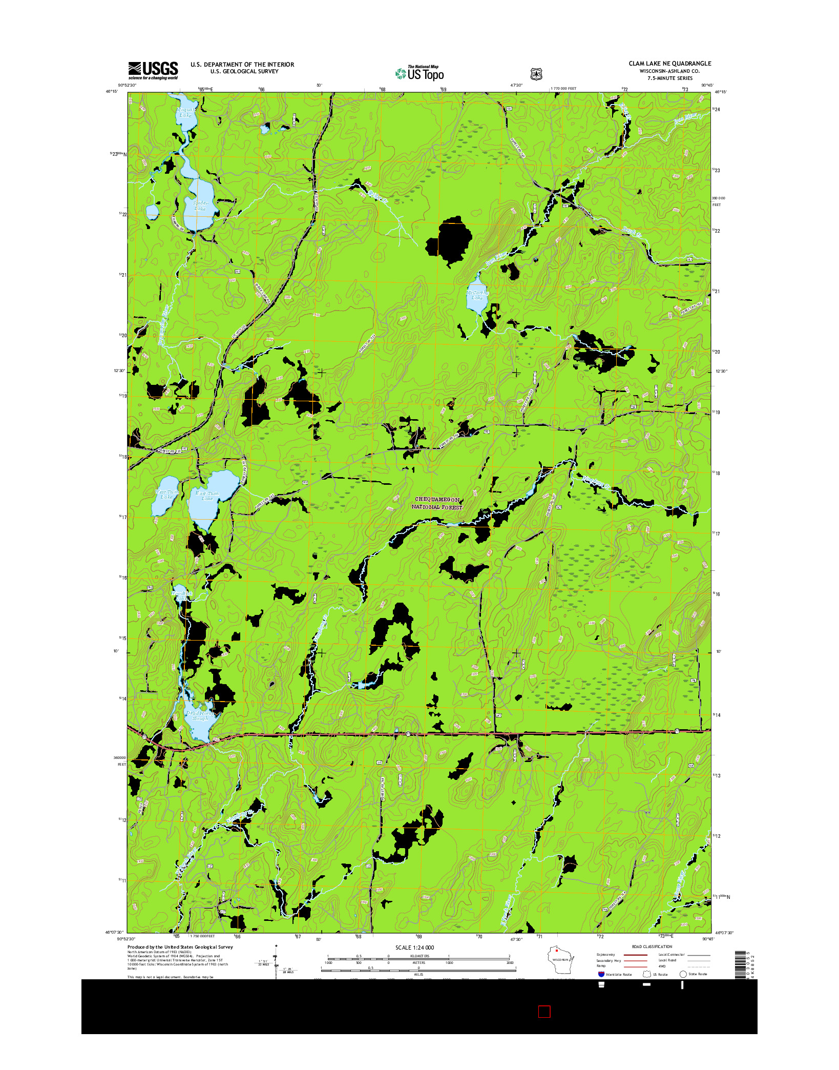 USGS US TOPO 7.5-MINUTE MAP FOR CLAM LAKE NE, WI 2015