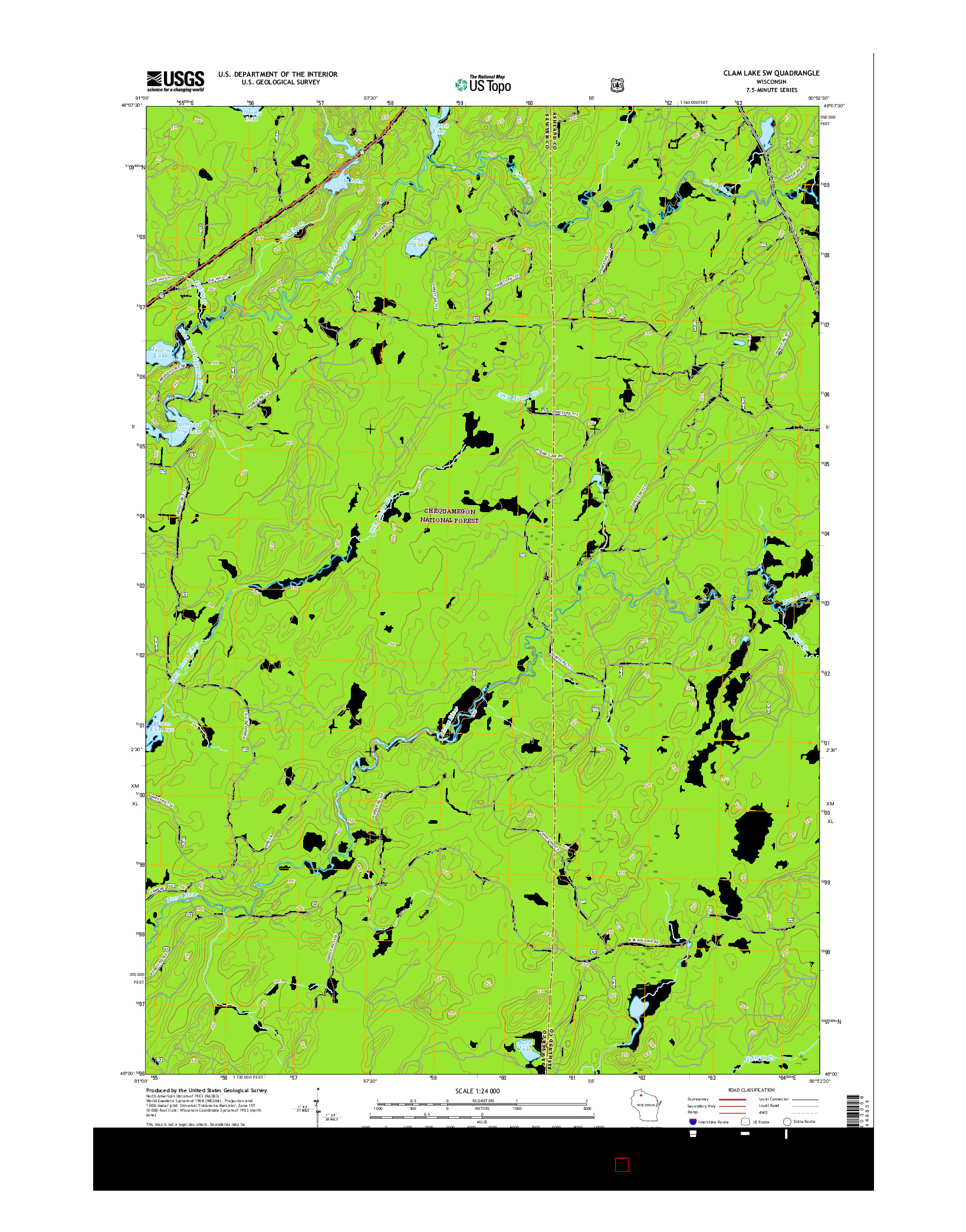 USGS US TOPO 7.5-MINUTE MAP FOR CLAM LAKE SW, WI 2015