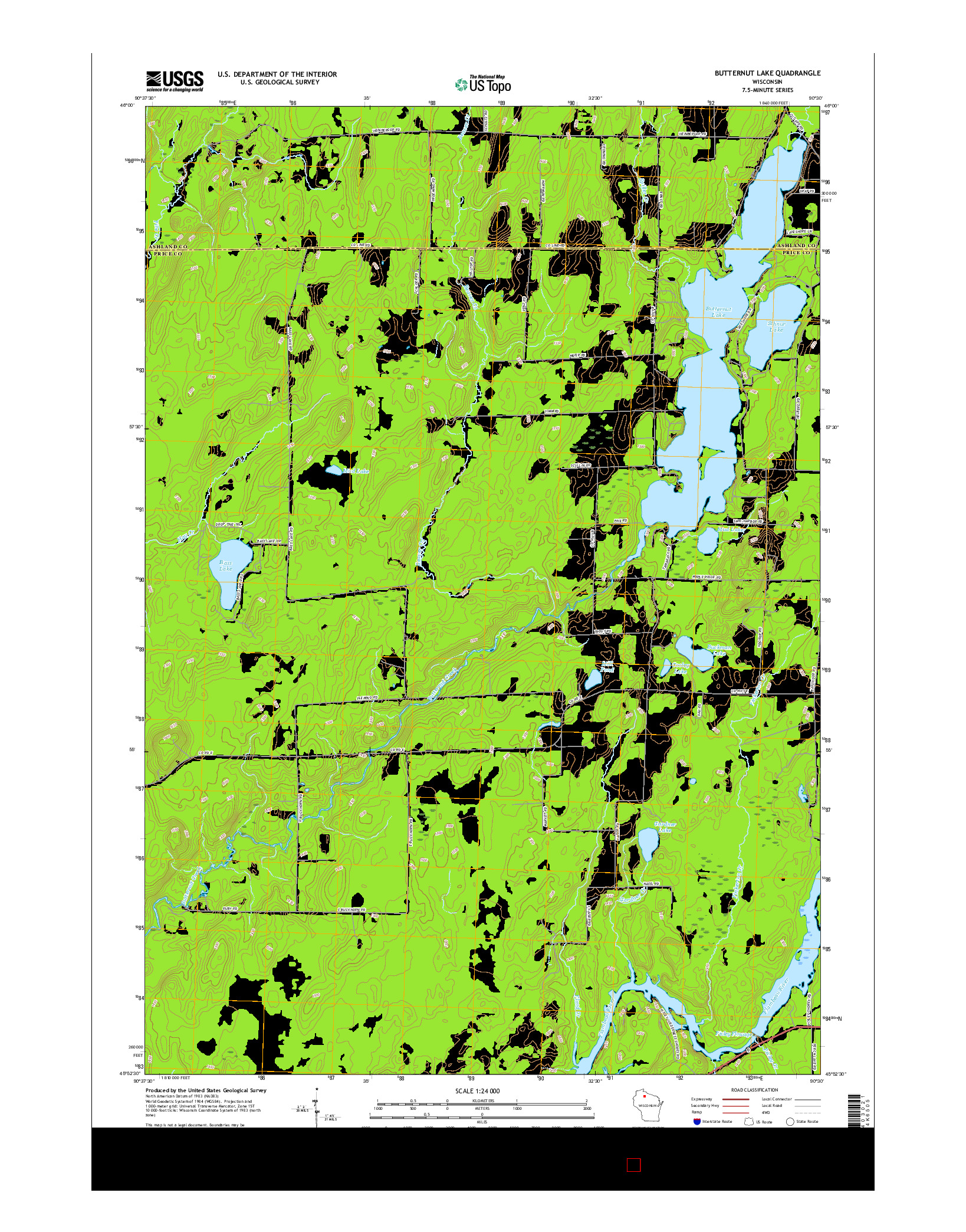 USGS US TOPO 7.5-MINUTE MAP FOR BUTTERNUT LAKE, WI 2015