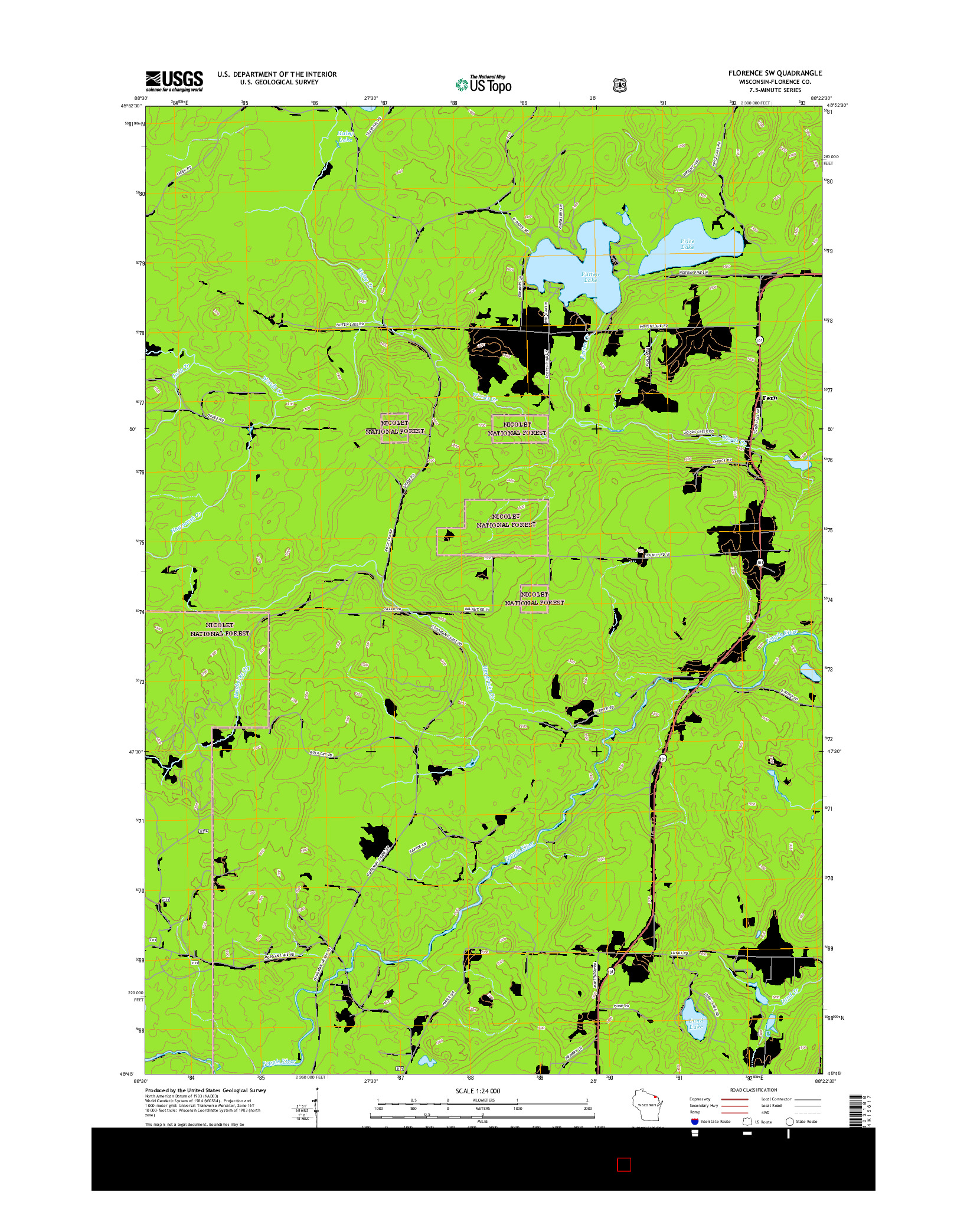 USGS US TOPO 7.5-MINUTE MAP FOR FLORENCE SW, WI 2015