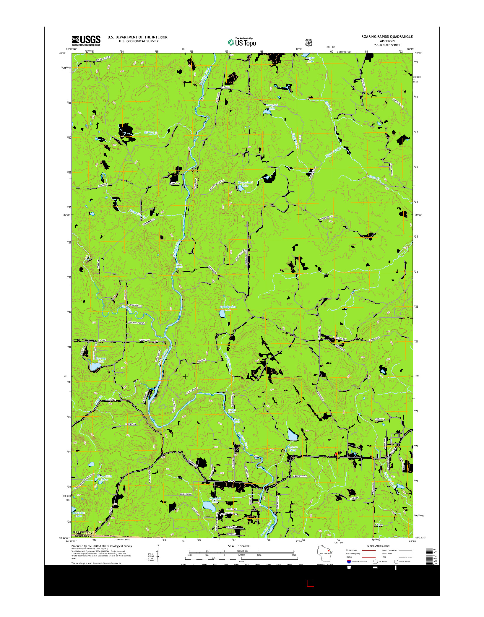 USGS US TOPO 7.5-MINUTE MAP FOR ROARING RAPIDS, WI 2015