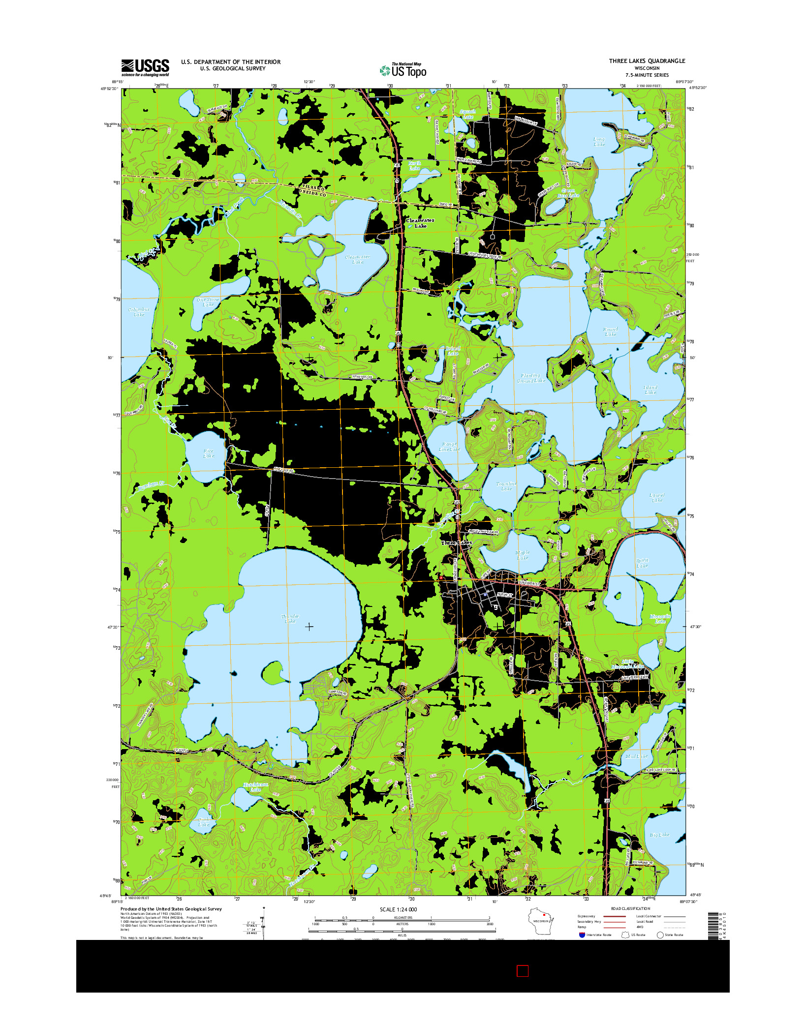 USGS US TOPO 7.5-MINUTE MAP FOR THREE LAKES, WI 2015