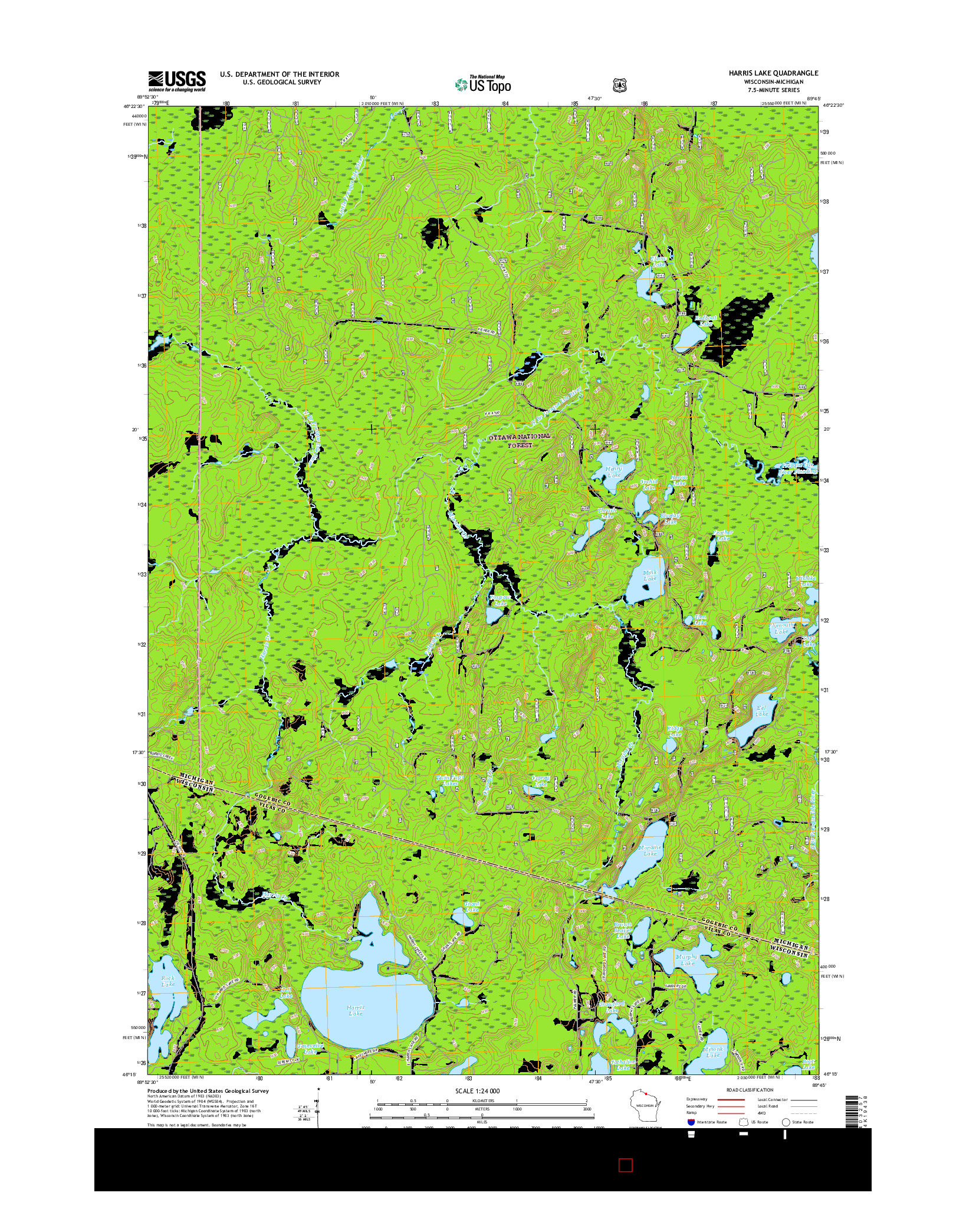 USGS US TOPO 7.5-MINUTE MAP FOR HARRIS LAKE, WI-MI 2015