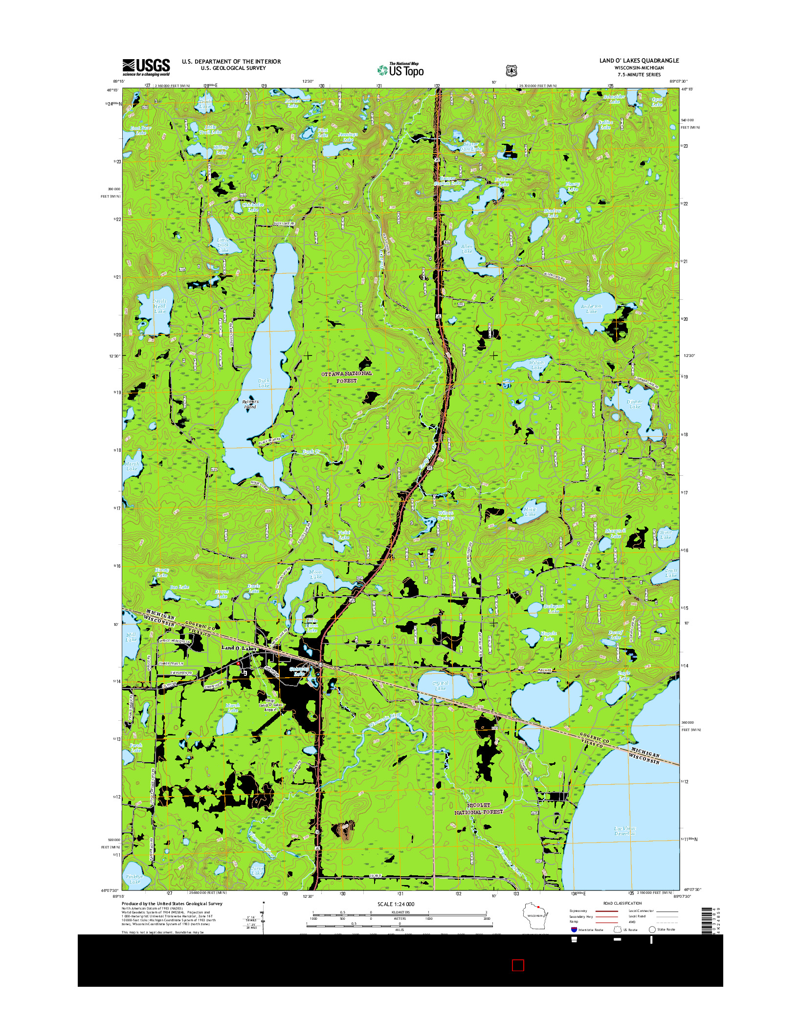USGS US TOPO 7.5-MINUTE MAP FOR LAND O' LAKES, WI-MI 2015