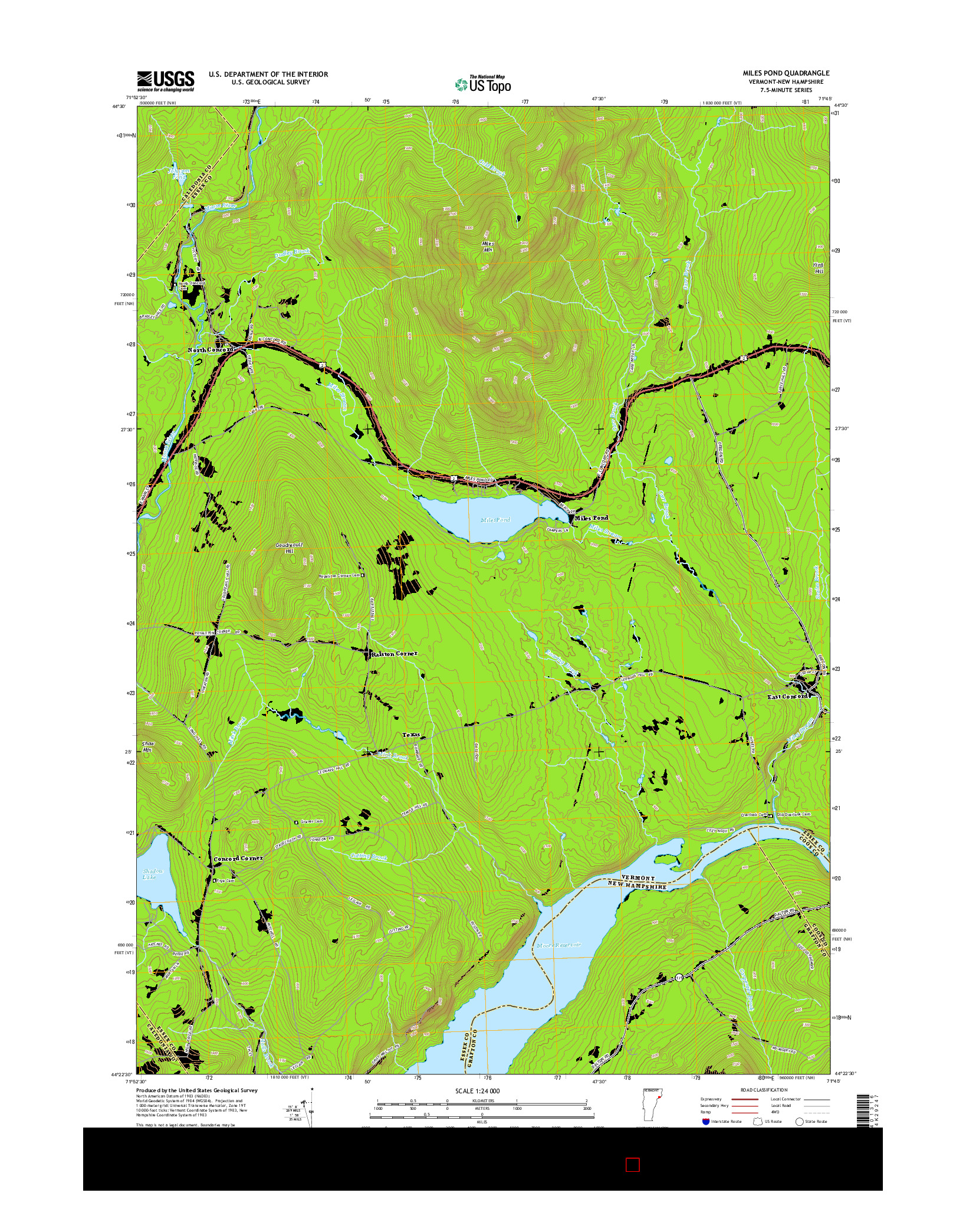 USGS US TOPO 7.5-MINUTE MAP FOR MILES POND, VT-NH 2015
