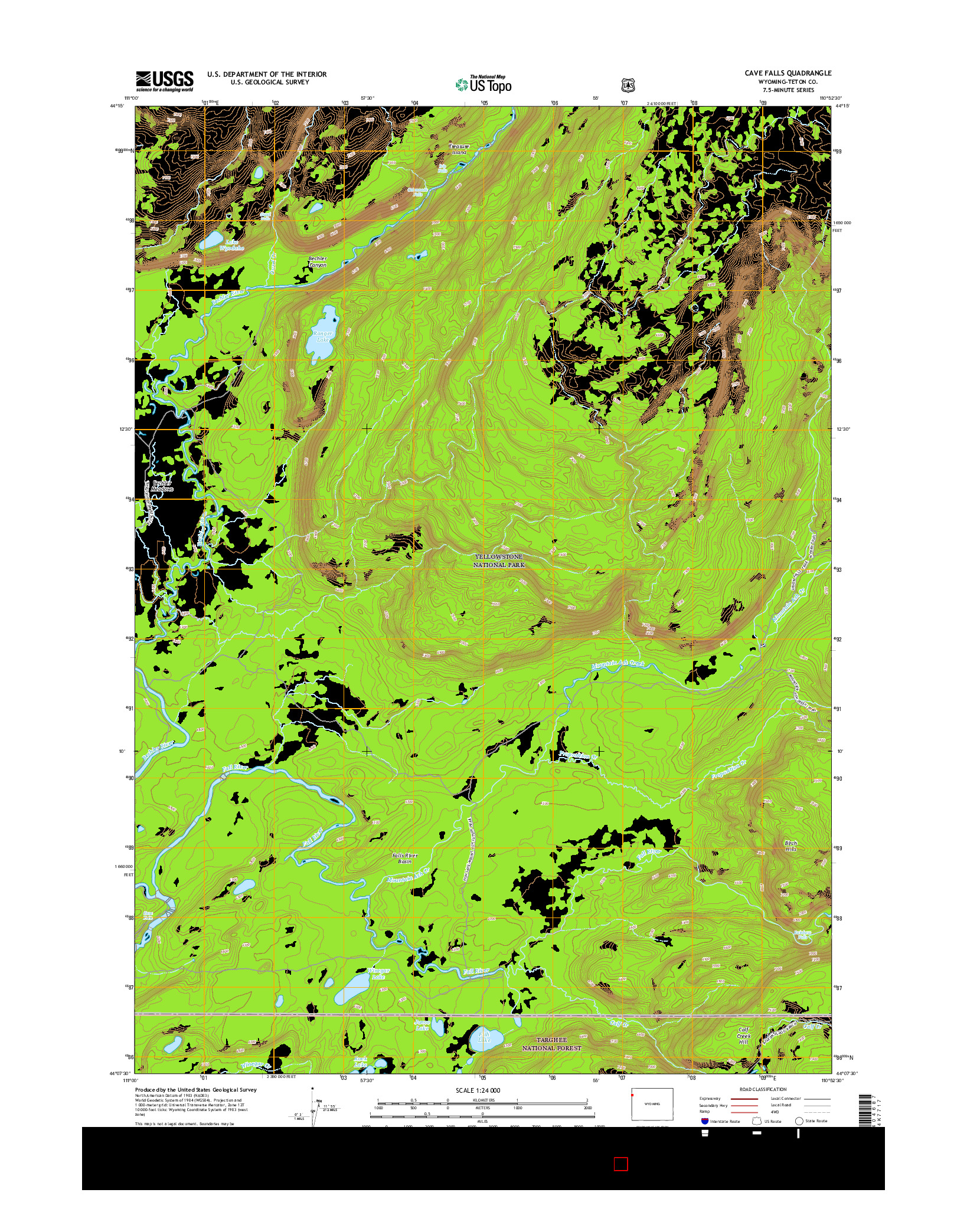 USGS US TOPO 7.5-MINUTE MAP FOR CAVE FALLS, WY 2015