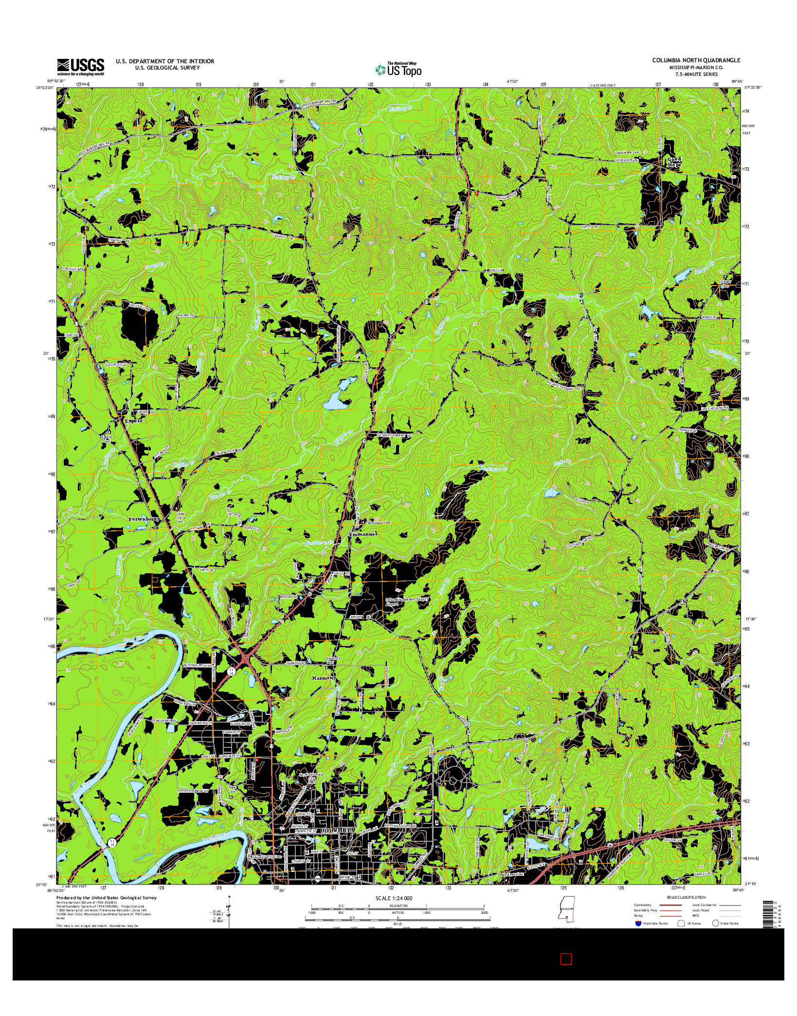 USGS US TOPO 7.5-MINUTE MAP FOR COLUMBIA NORTH, MS 2015