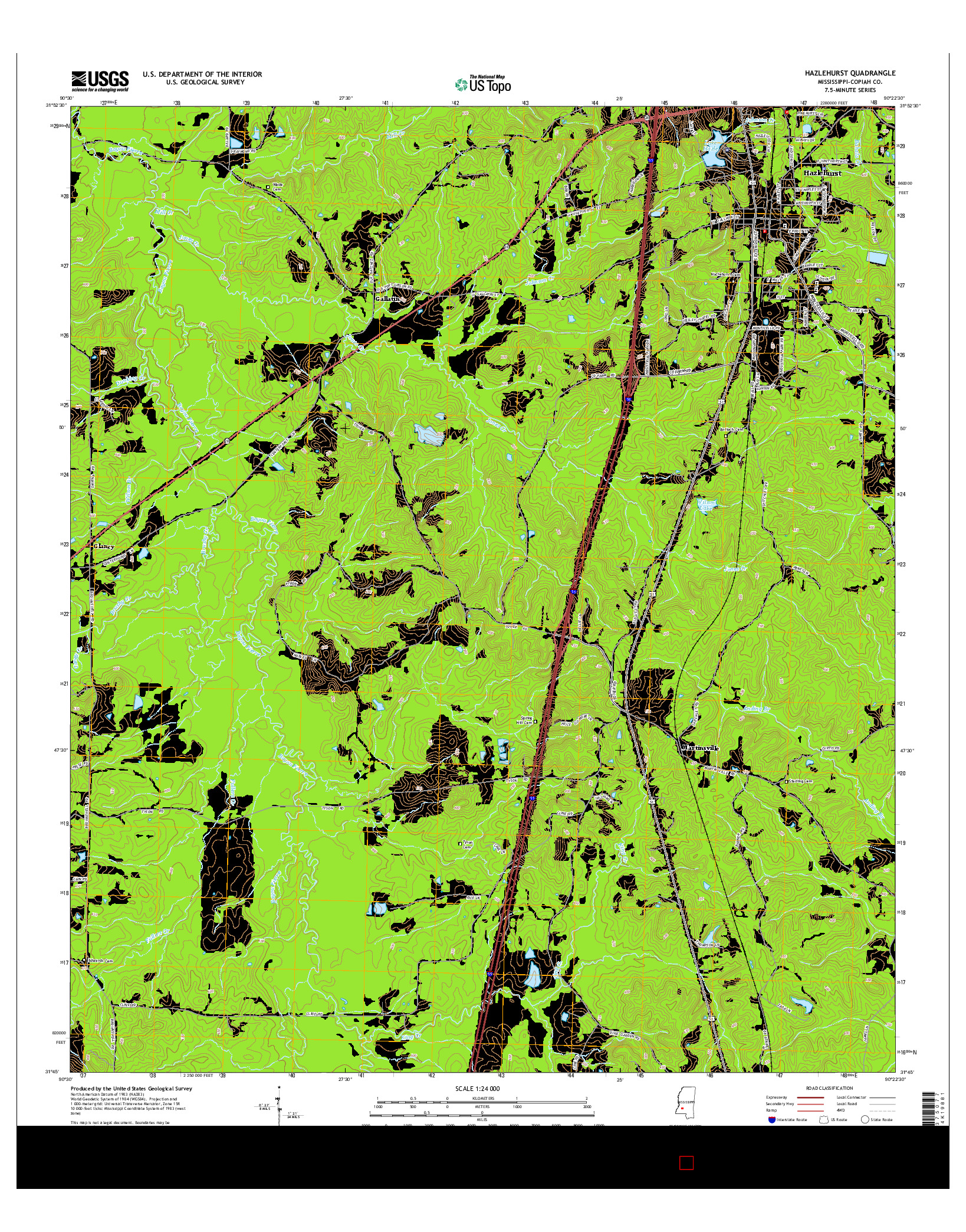 USGS US TOPO 7.5-MINUTE MAP FOR HAZLEHURST, MS 2015