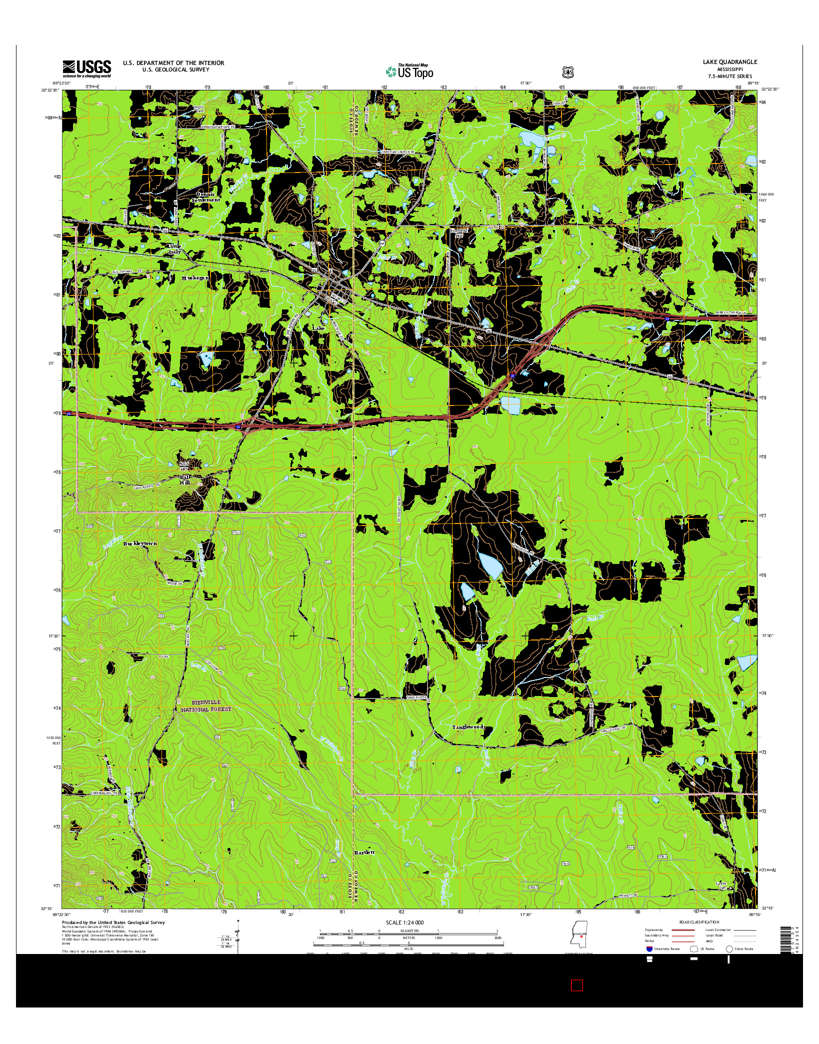 USGS US TOPO 7.5-MINUTE MAP FOR LAKE, MS 2015