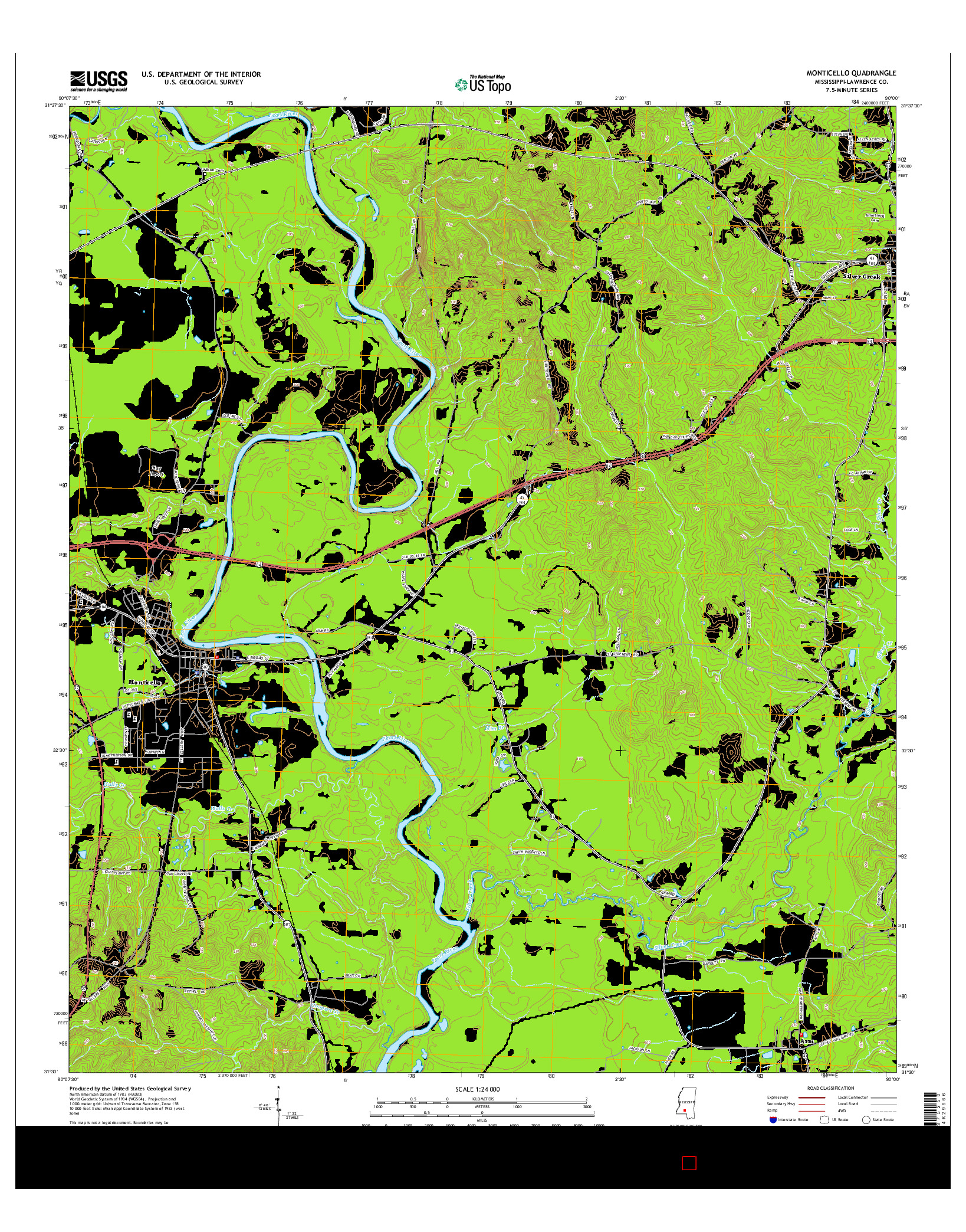 USGS US TOPO 7.5-MINUTE MAP FOR MONTICELLO, MS 2015