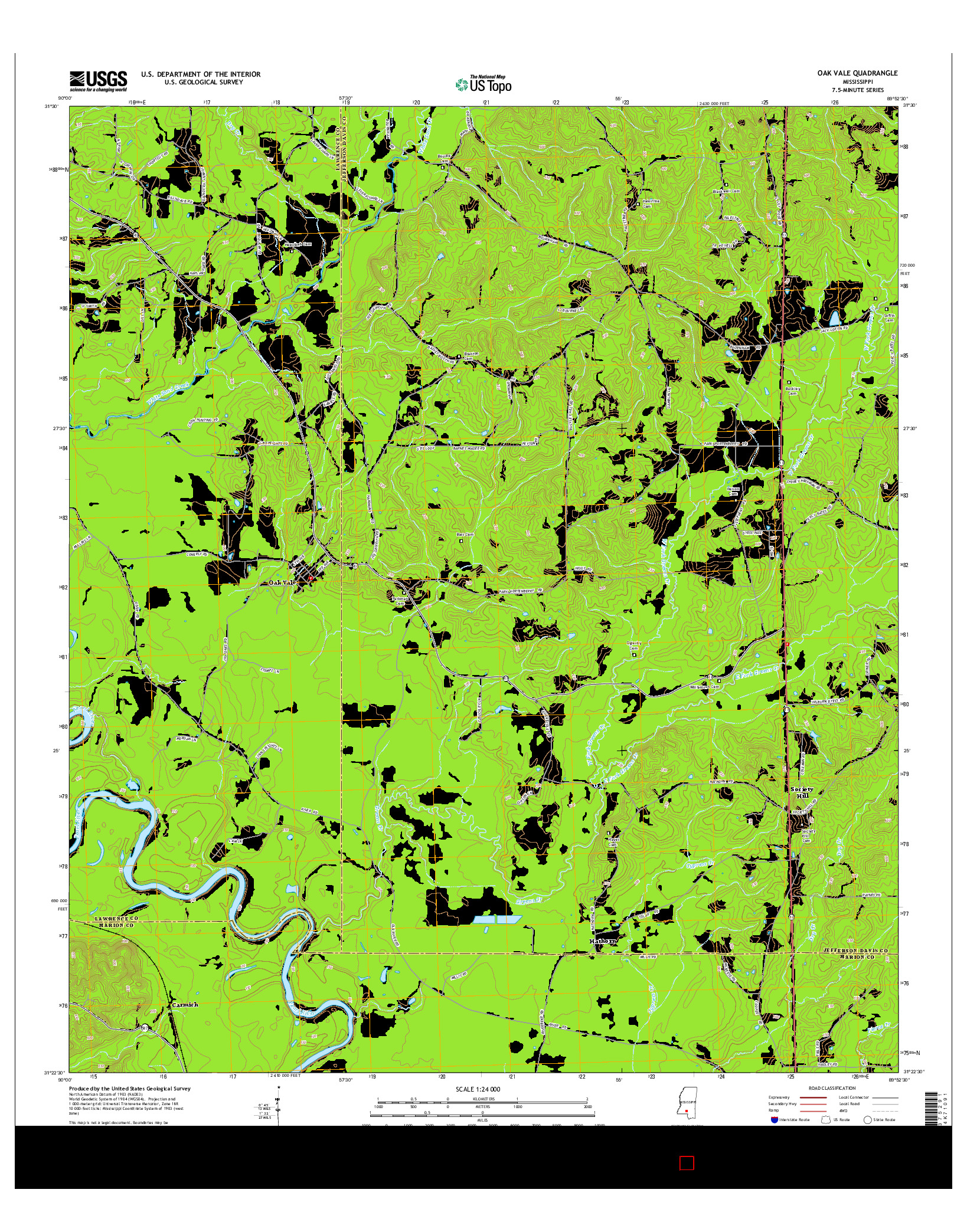 USGS US TOPO 7.5-MINUTE MAP FOR OAK VALE, MS 2015