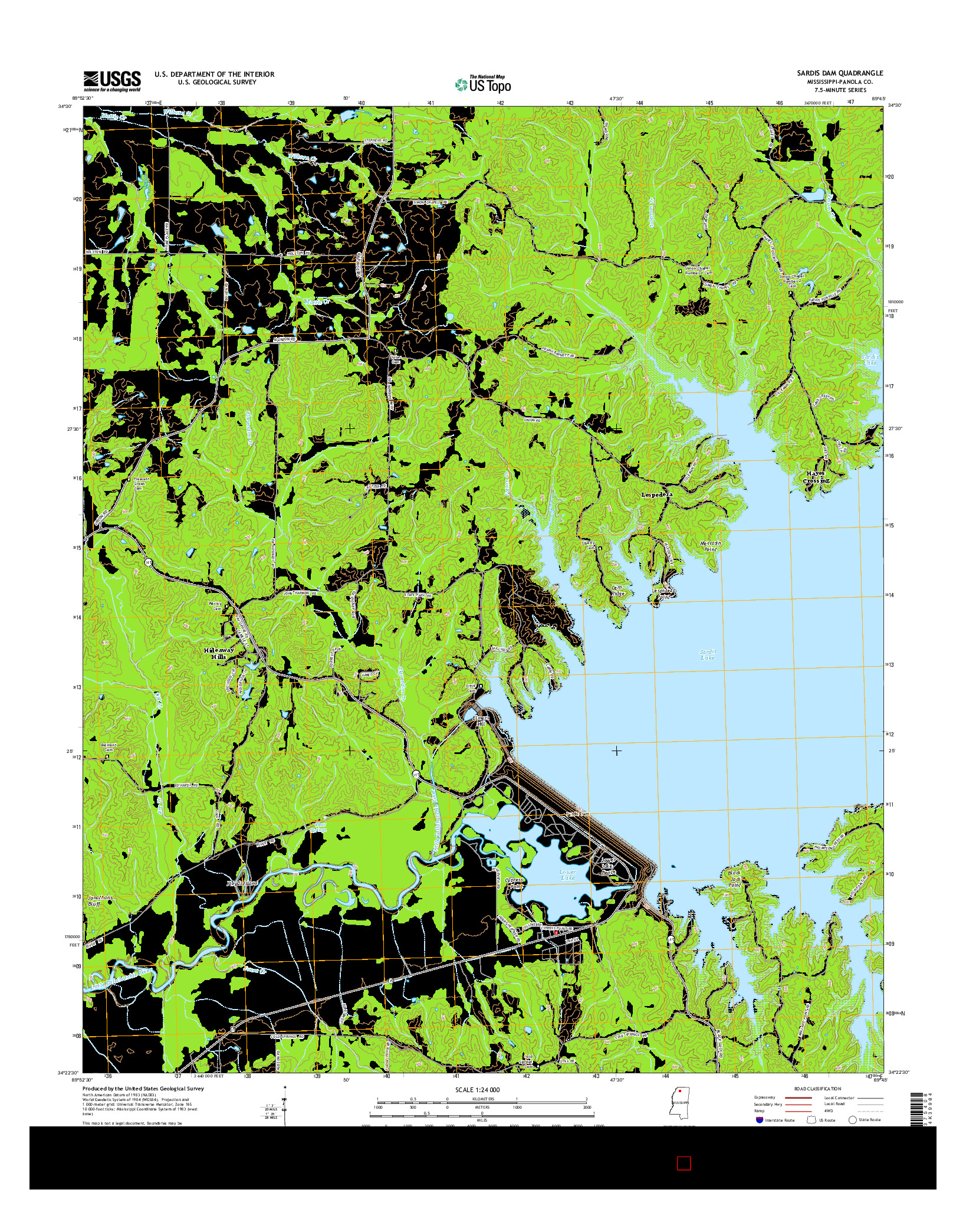 USGS US TOPO 7.5-MINUTE MAP FOR SARDIS DAM, MS 2015