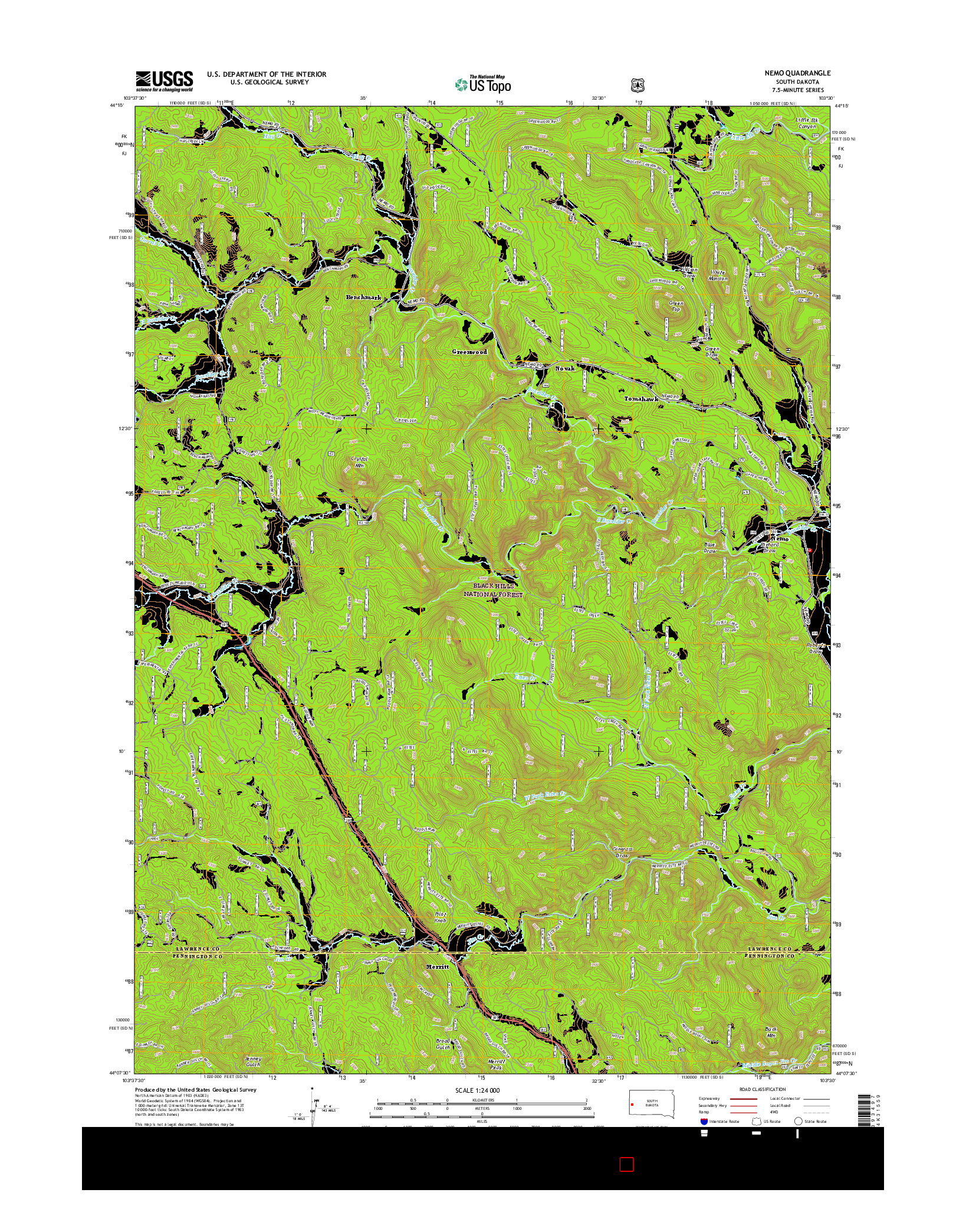 USGS US TOPO 7.5-MINUTE MAP FOR NEMO, SD 2015