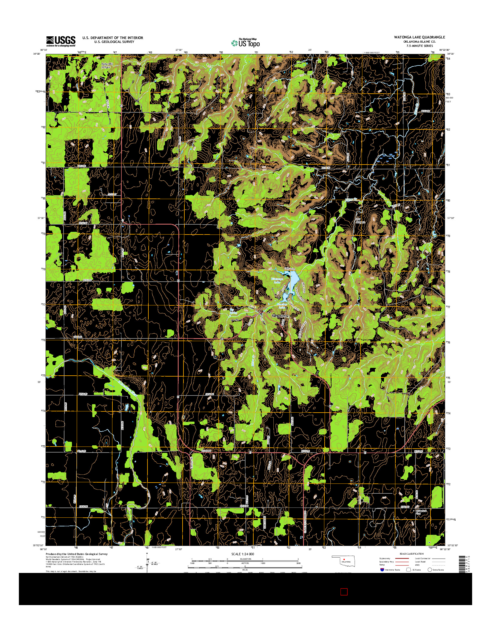 USGS US TOPO 7.5-MINUTE MAP FOR WATONGA LAKE, OK 2016