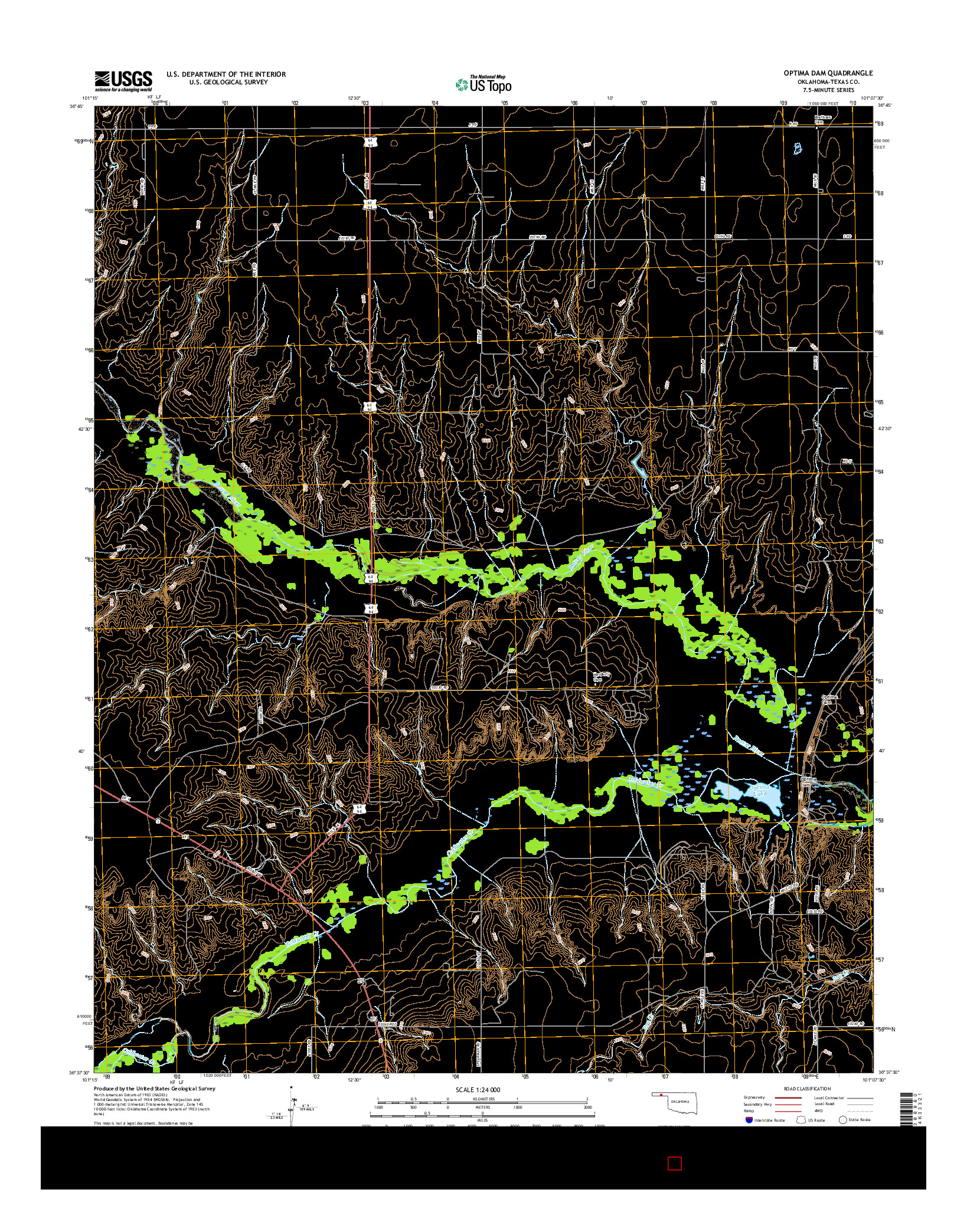 USGS US TOPO 7.5-MINUTE MAP FOR OPTIMA DAM, OK 2016