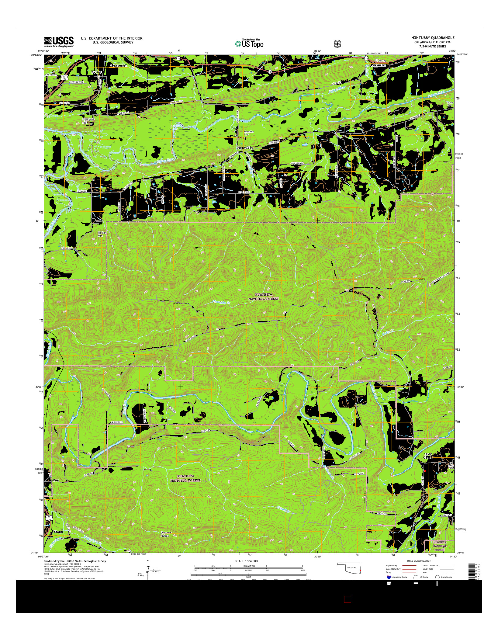 USGS US TOPO 7.5-MINUTE MAP FOR HONTUBBY, OK 2016