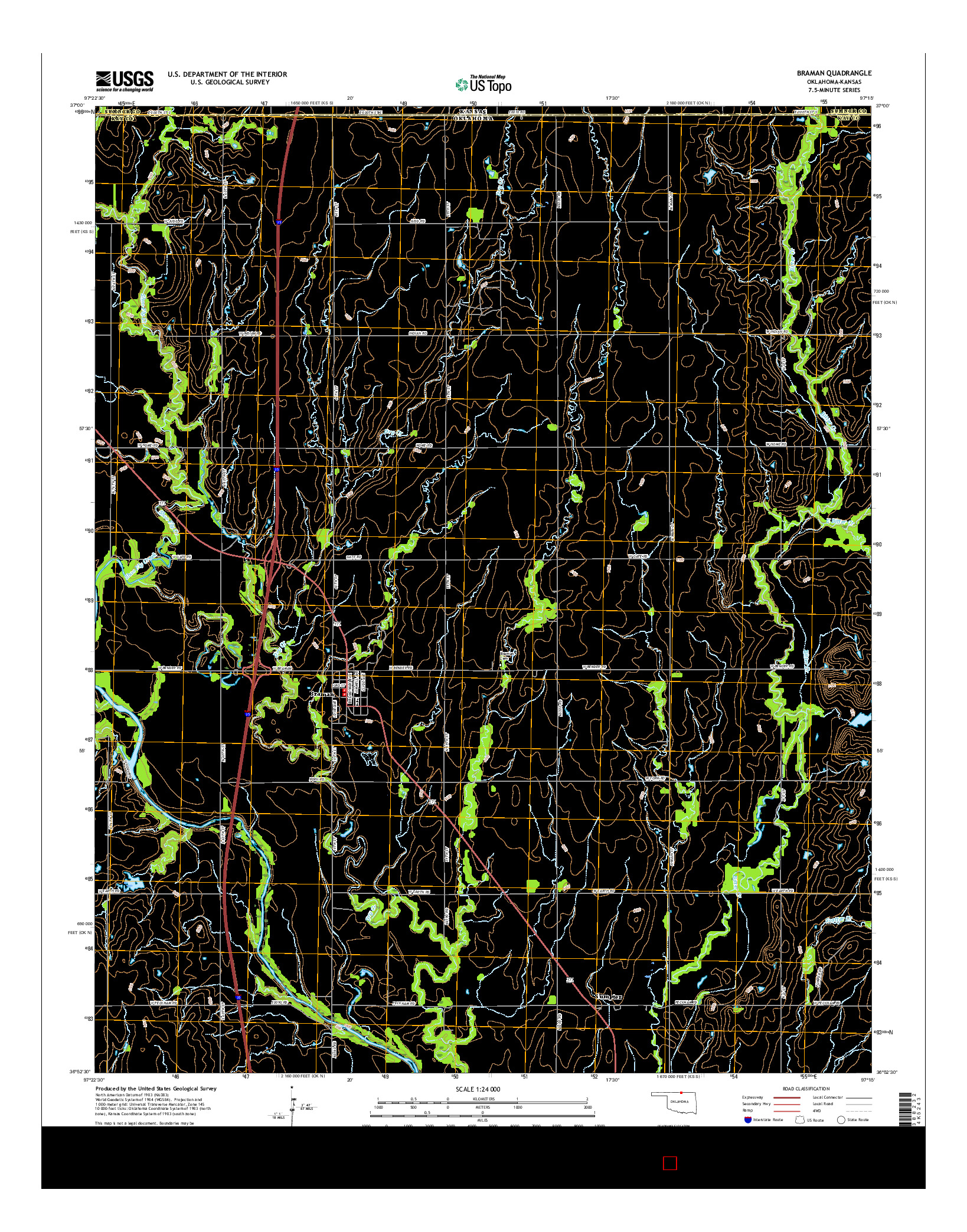 USGS US TOPO 7.5-MINUTE MAP FOR BRAMAN, OK-KS 2016