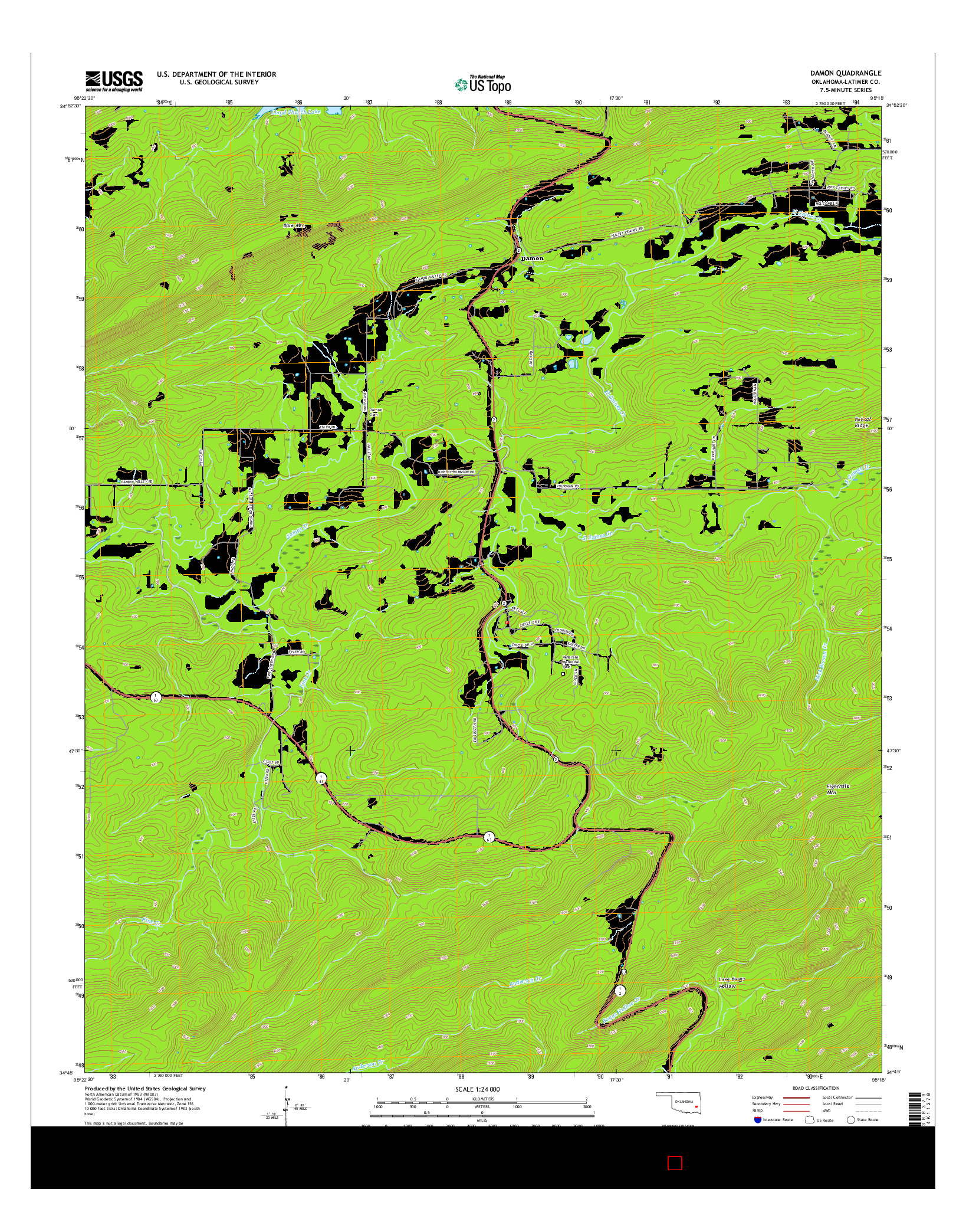 USGS US TOPO 7.5-MINUTE MAP FOR DAMON, OK 2016
