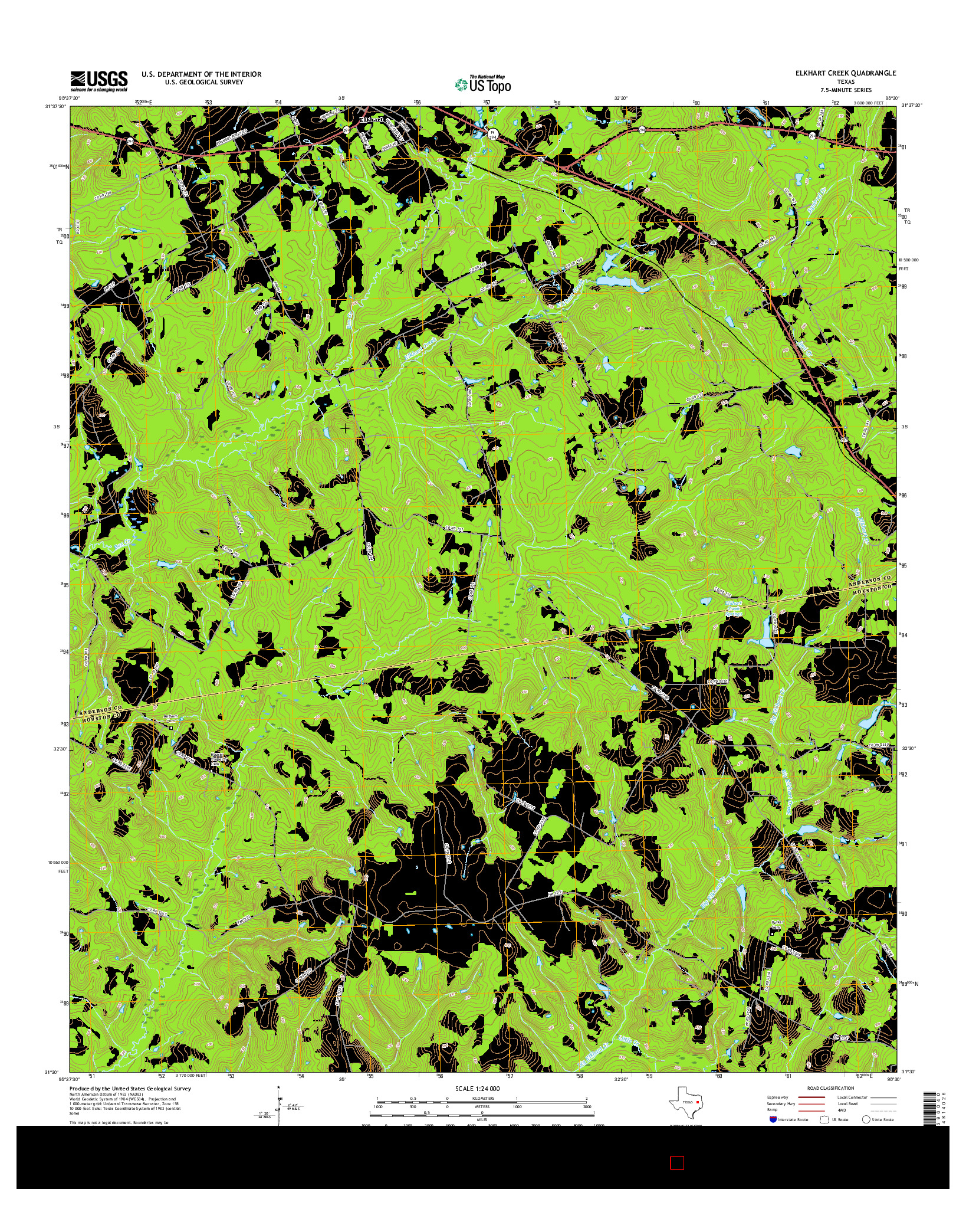 USGS US TOPO 7.5-MINUTE MAP FOR ELKHART CREEK, TX 2016