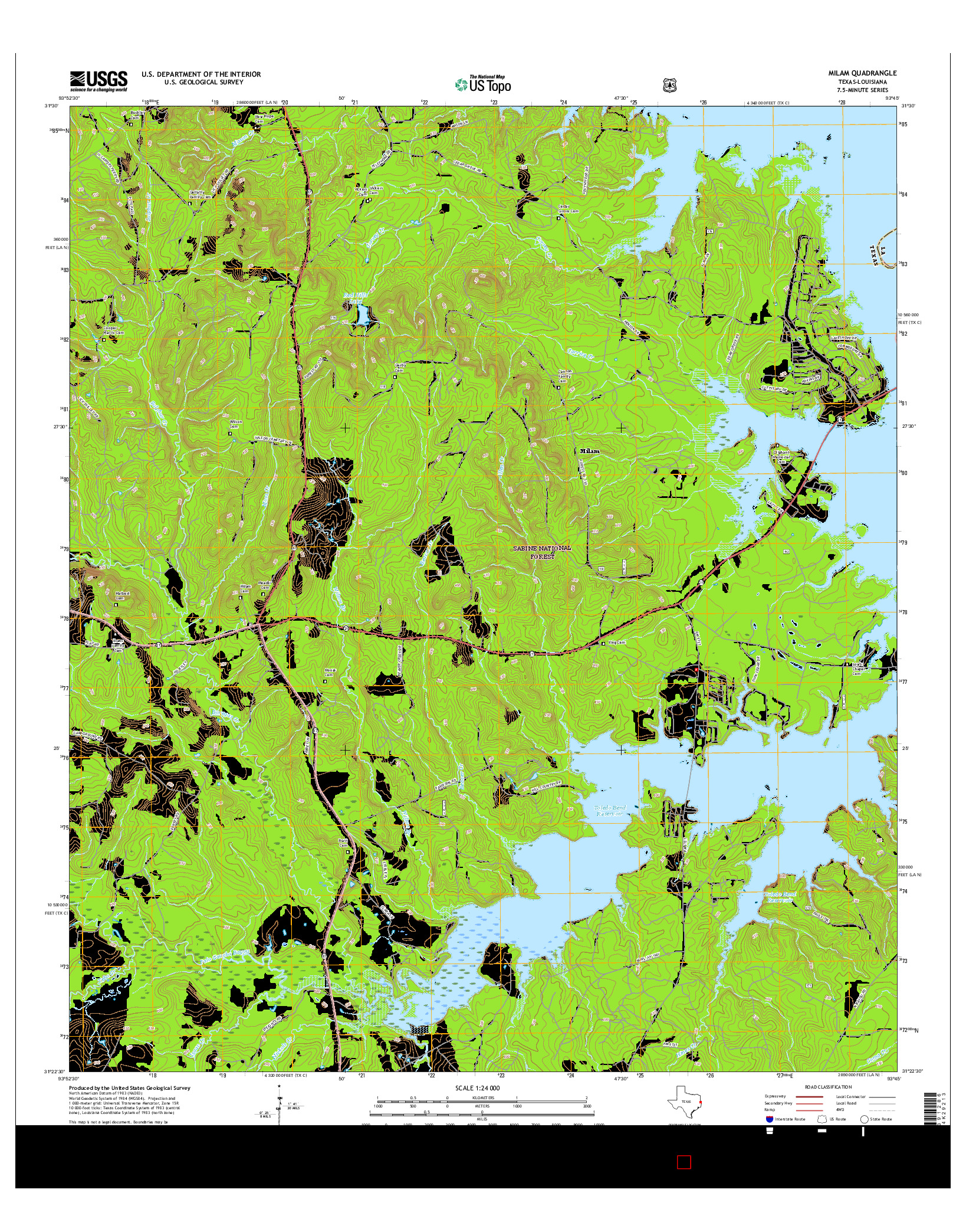 USGS US TOPO 7.5-MINUTE MAP FOR MILAM, TX-LA 2016