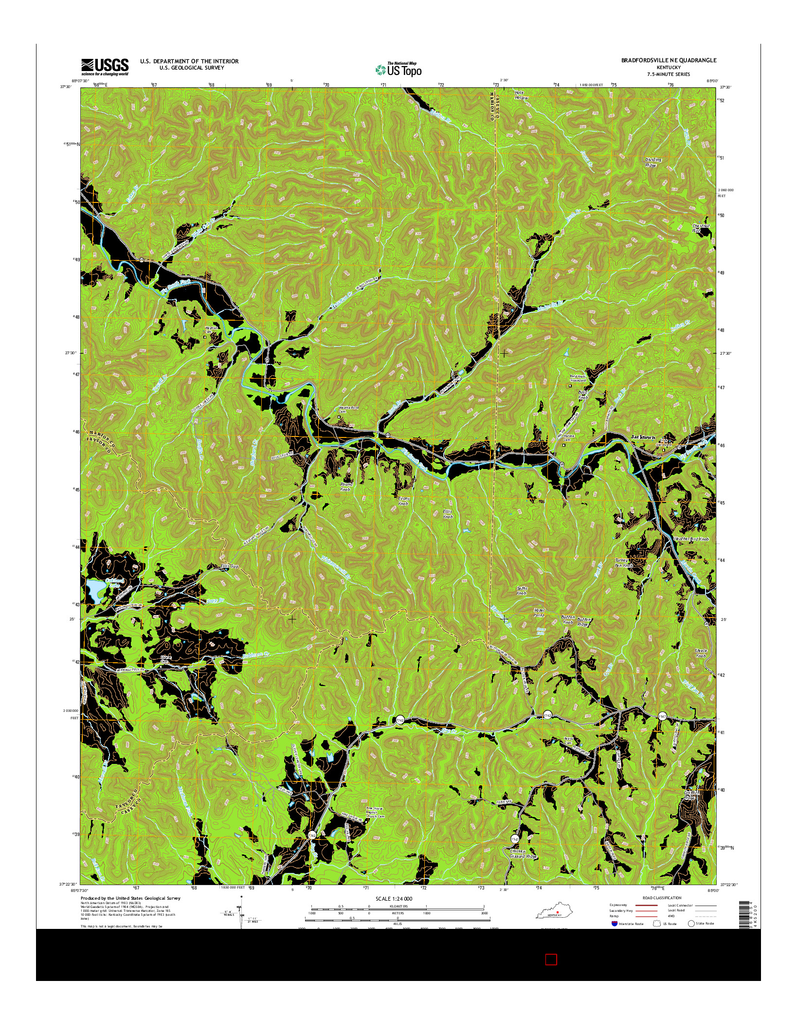 USGS US TOPO 7.5-MINUTE MAP FOR BRADFORDSVILLE NE, KY 2016