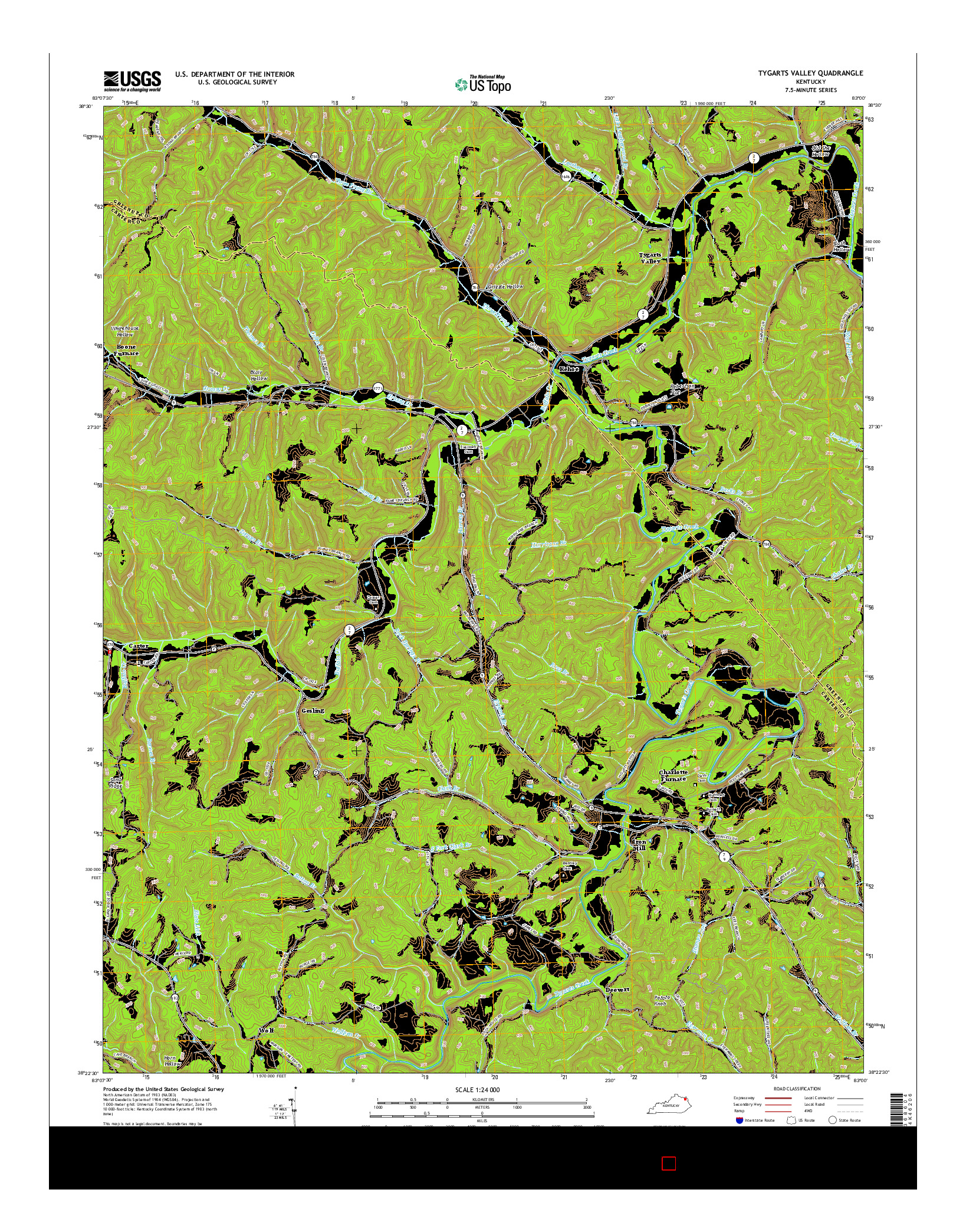 USGS US TOPO 7.5-MINUTE MAP FOR TYGARTS VALLEY, KY 2016