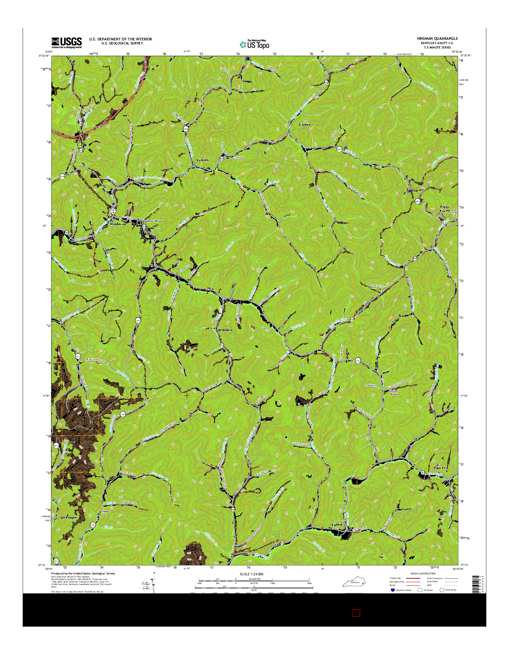 USGS US TOPO 7.5-MINUTE MAP FOR HINDMAN, KY 2016