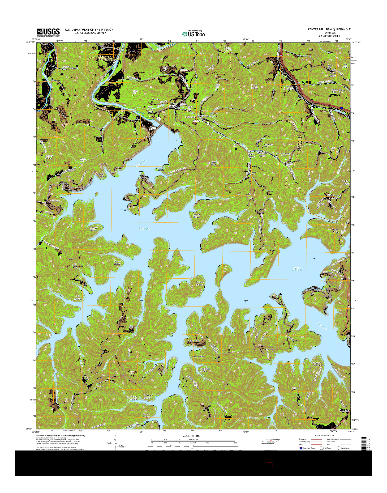 USGS US TOPO 7.5-MINUTE MAP FOR CENTER HILL DAM, TN 2016