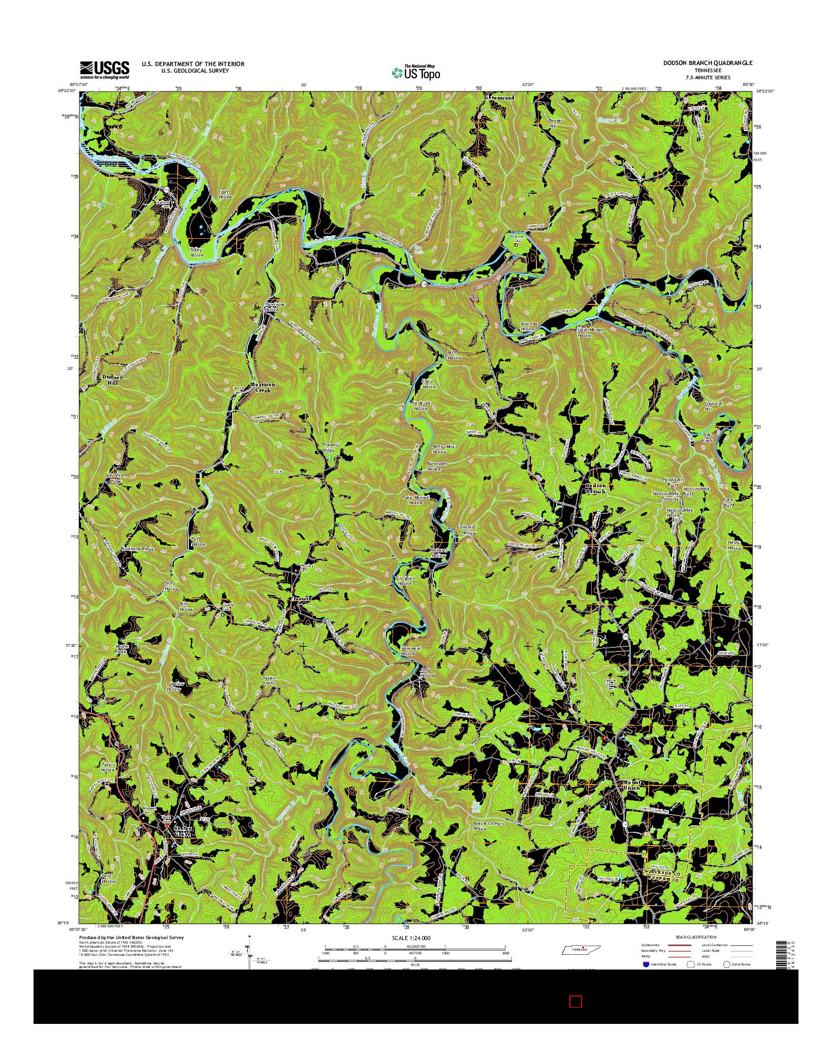 USGS US TOPO 7.5-MINUTE MAP FOR DODSON BRANCH, TN 2016