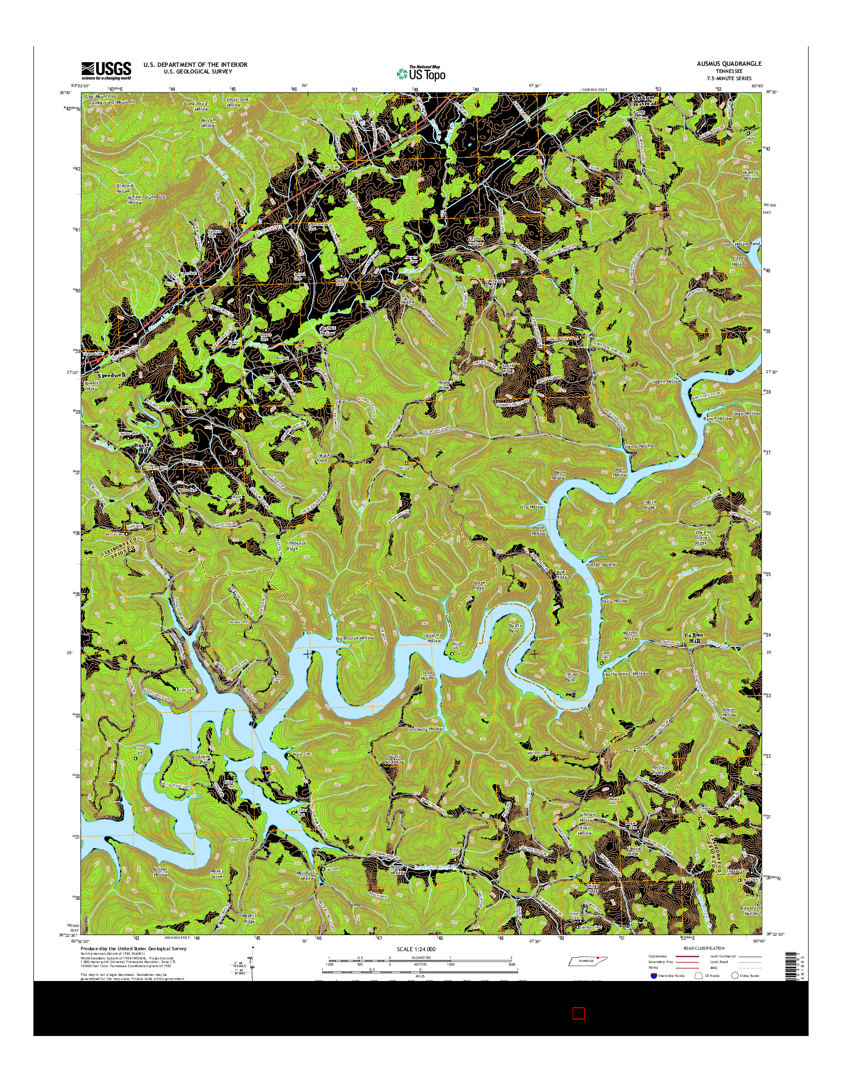 USGS US TOPO 7.5-MINUTE MAP FOR AUSMUS, TN 2016