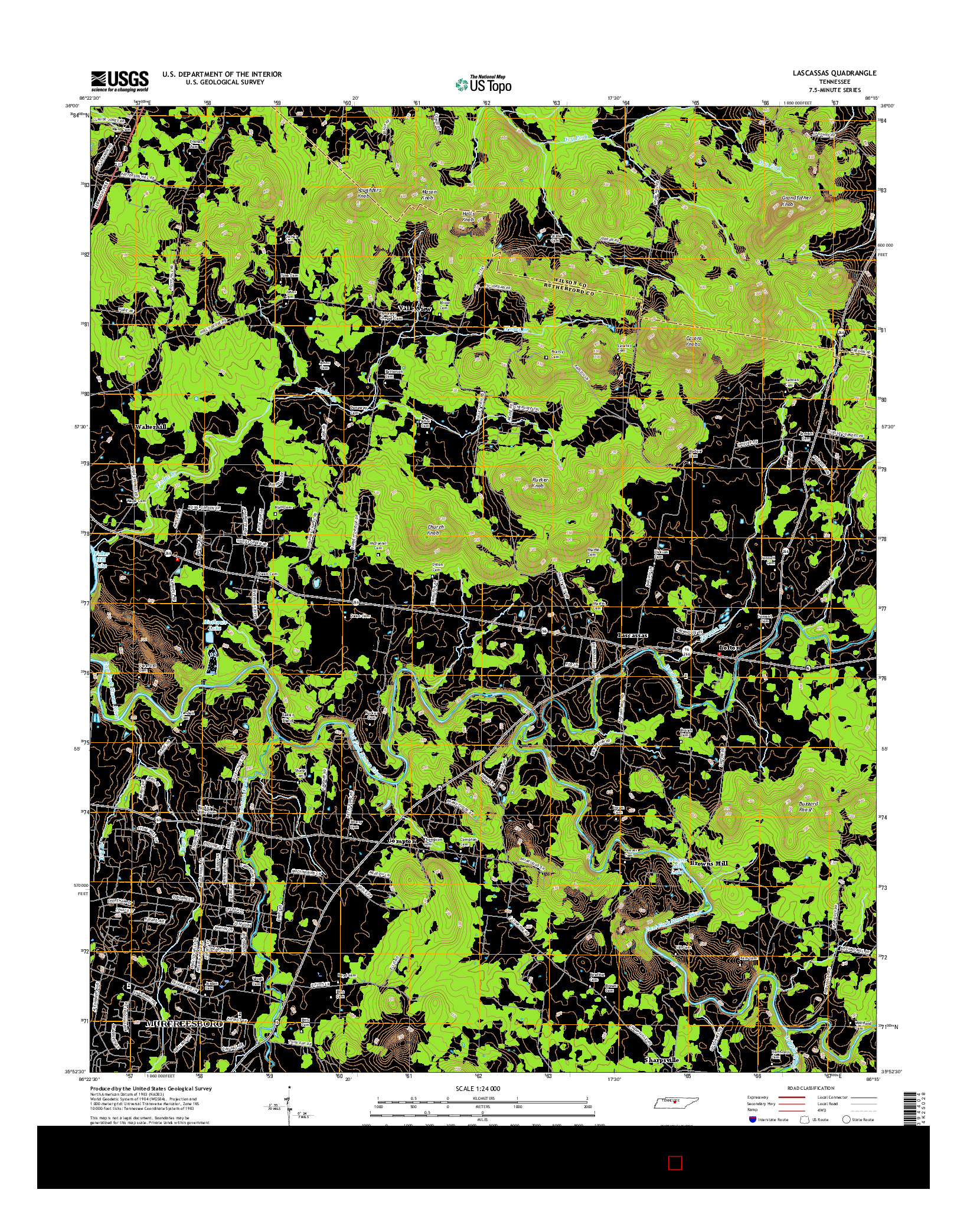 USGS US TOPO 7.5-MINUTE MAP FOR LASCASSAS, TN 2016