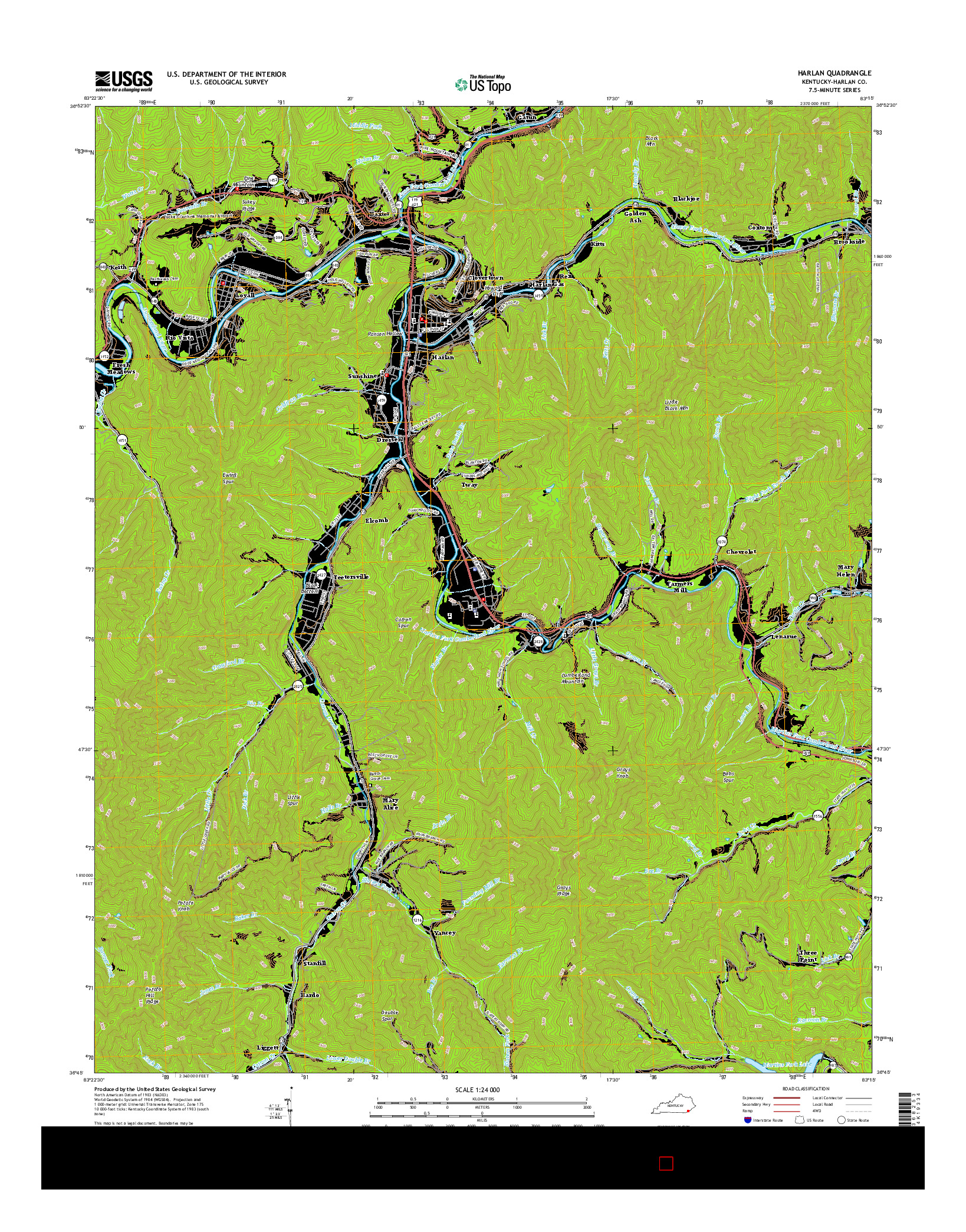 USGS US TOPO 7.5-MINUTE MAP FOR HARLAN, KY 2016