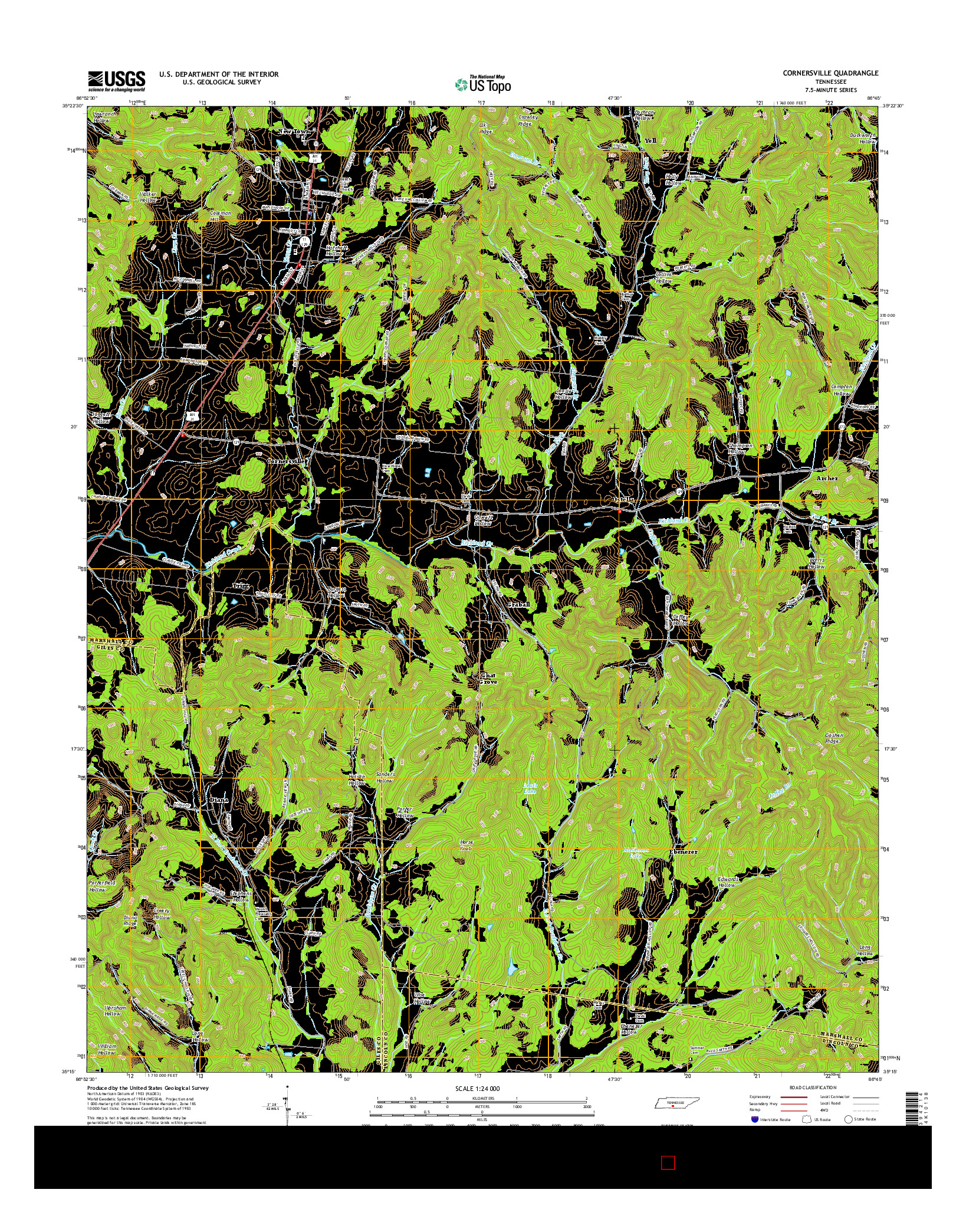 USGS US TOPO 7.5-MINUTE MAP FOR CORNERSVILLE, TN 2016