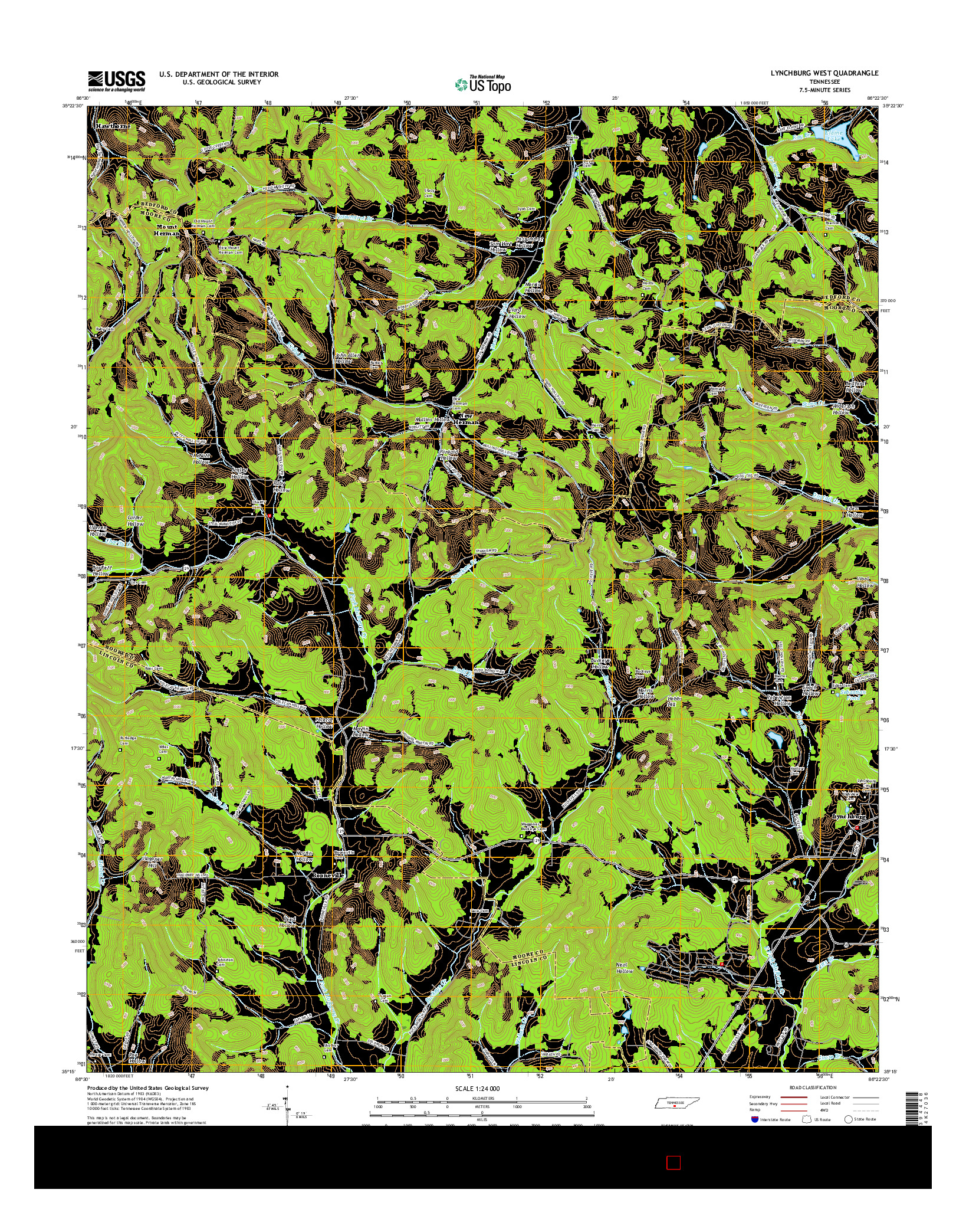 USGS US TOPO 7.5-MINUTE MAP FOR LYNCHBURG WEST, TN 2016