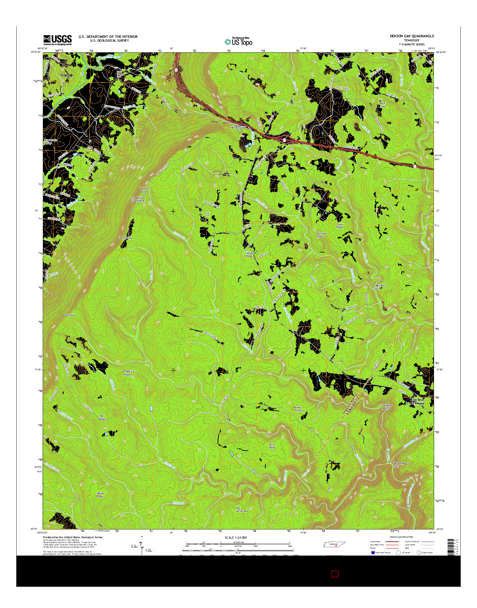 USGS US TOPO 7.5-MINUTE MAP FOR HENSON GAP, TN 2016