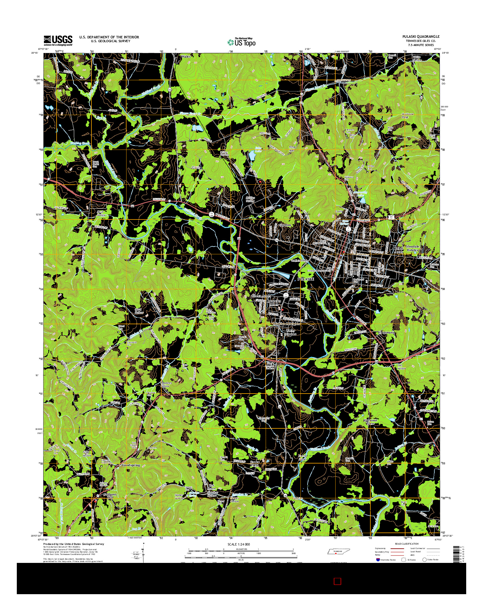 USGS US TOPO 7.5-MINUTE MAP FOR PULASKI, TN 2016