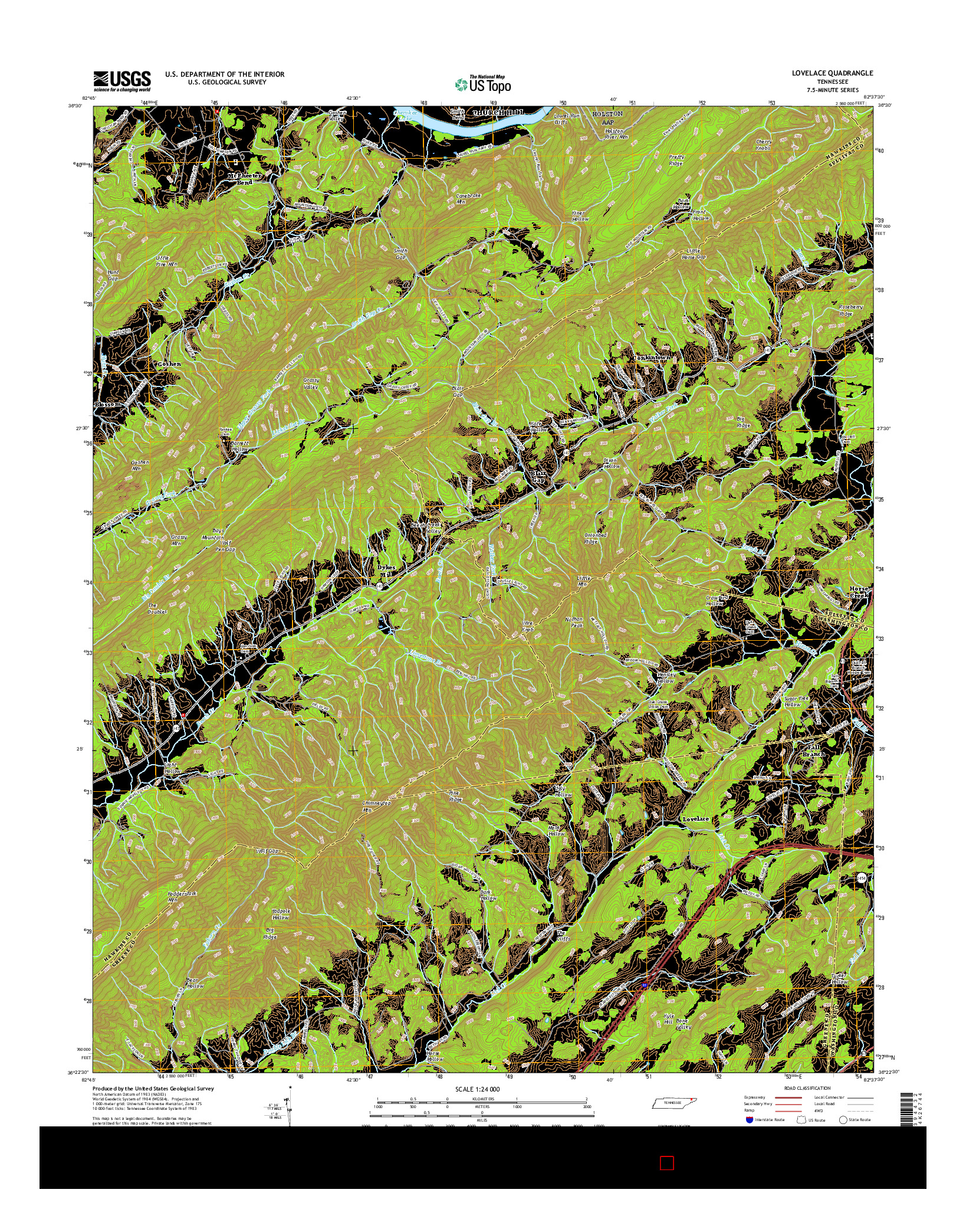 USGS US TOPO 7.5-MINUTE MAP FOR LOVELACE, TN 2016