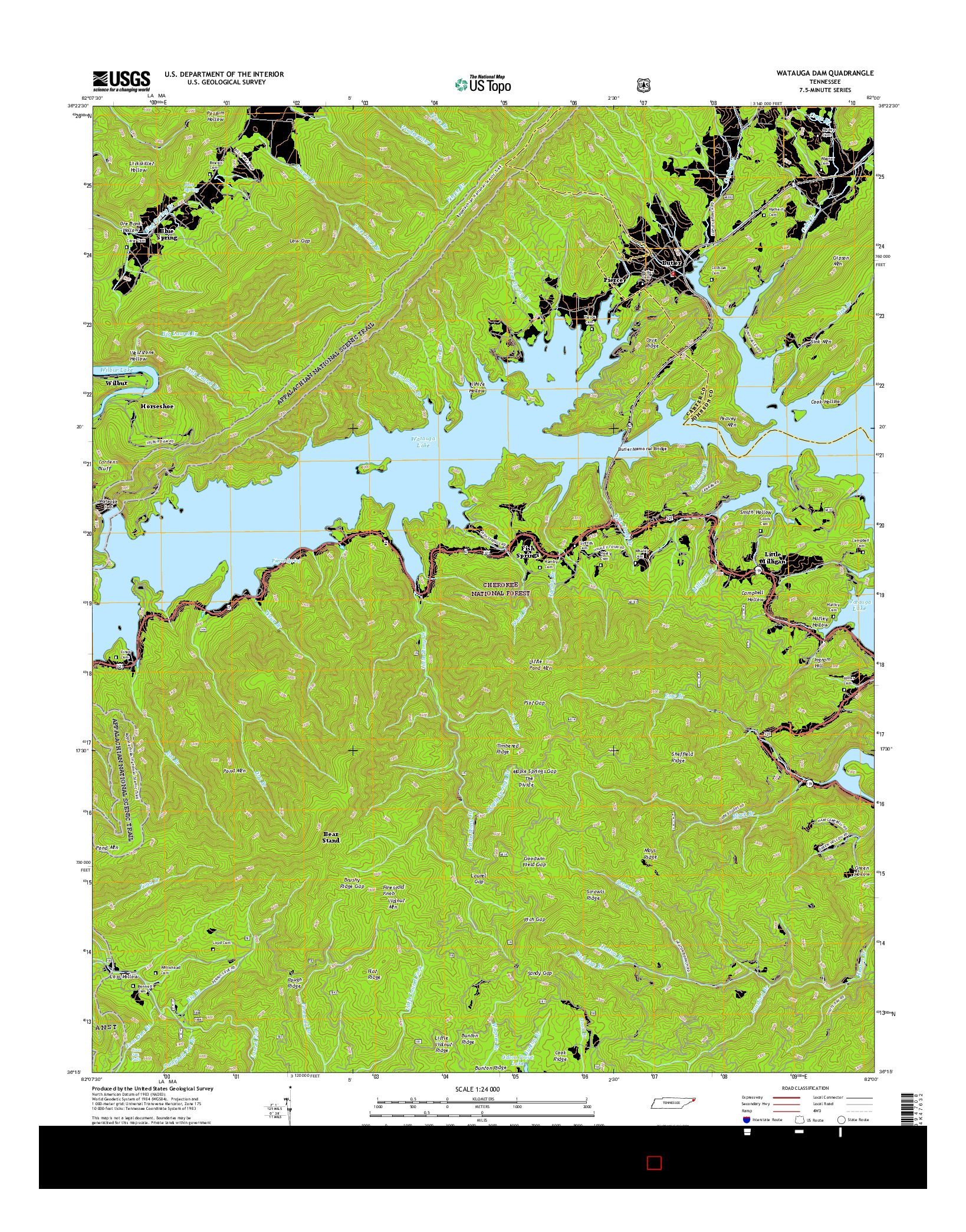 USGS US TOPO 7.5-MINUTE MAP FOR WATAUGA DAM, TN 2016