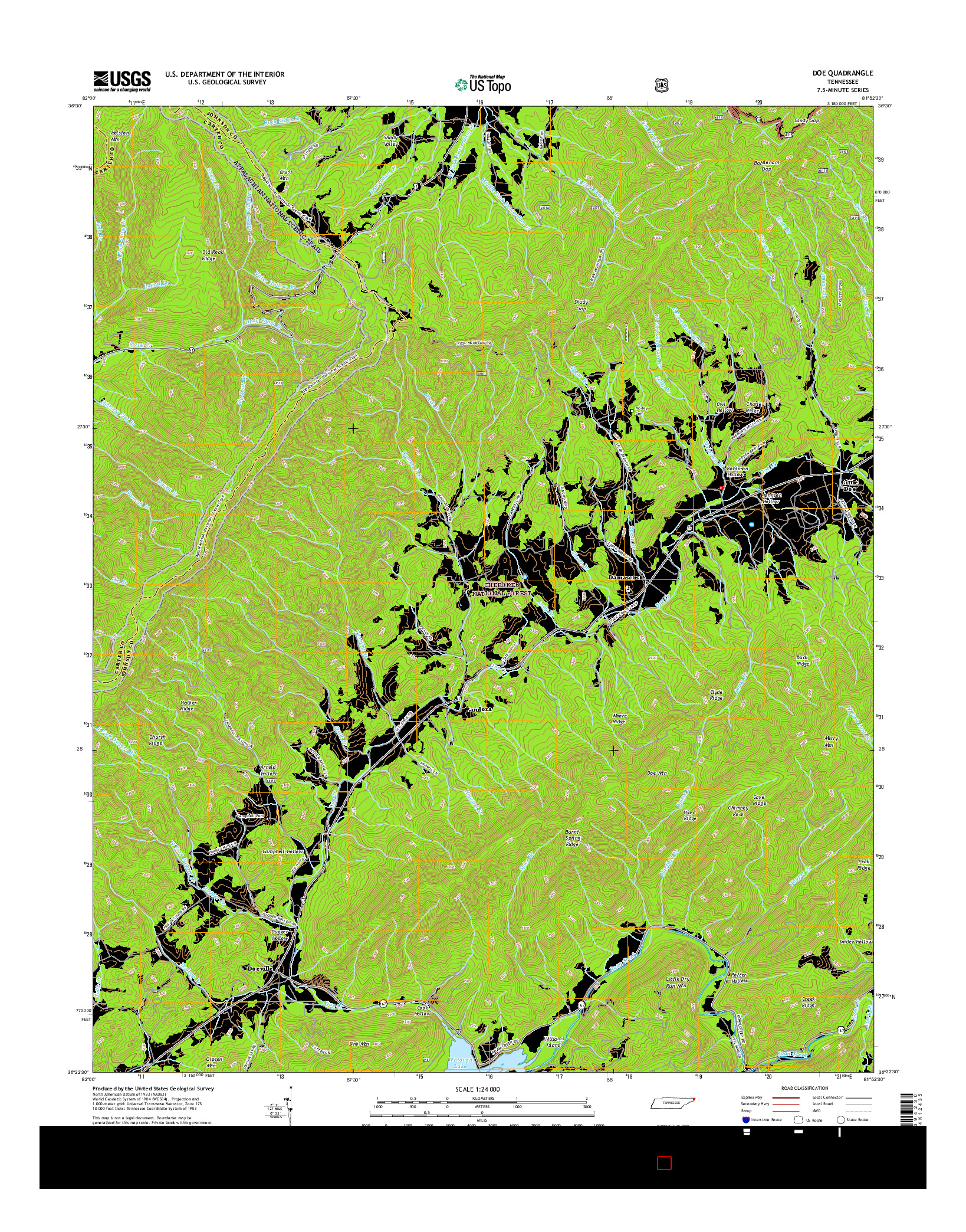 USGS US TOPO 7.5-MINUTE MAP FOR DOE, TN 2016