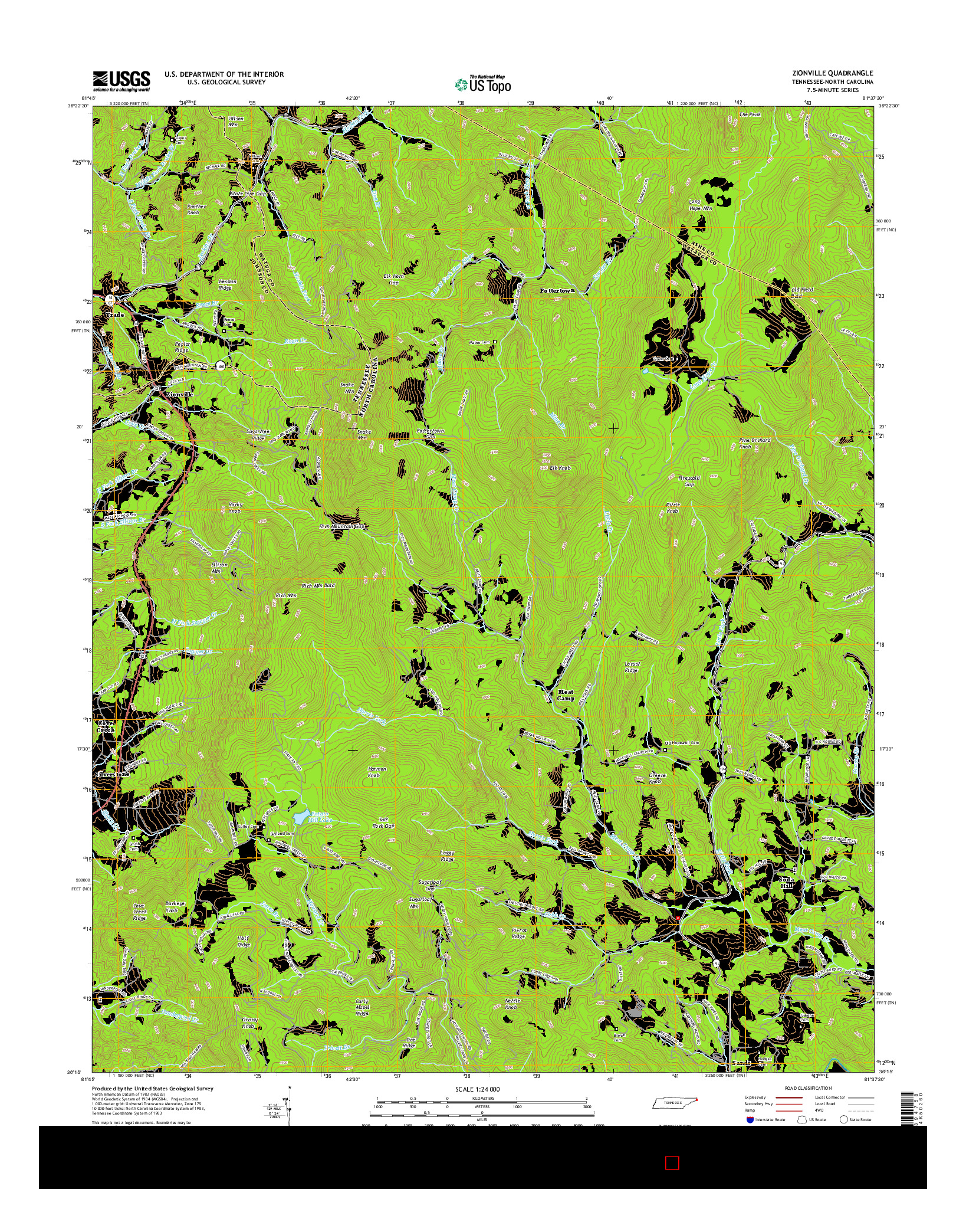 USGS US TOPO 7.5-MINUTE MAP FOR ZIONVILLE, TN-NC 2016