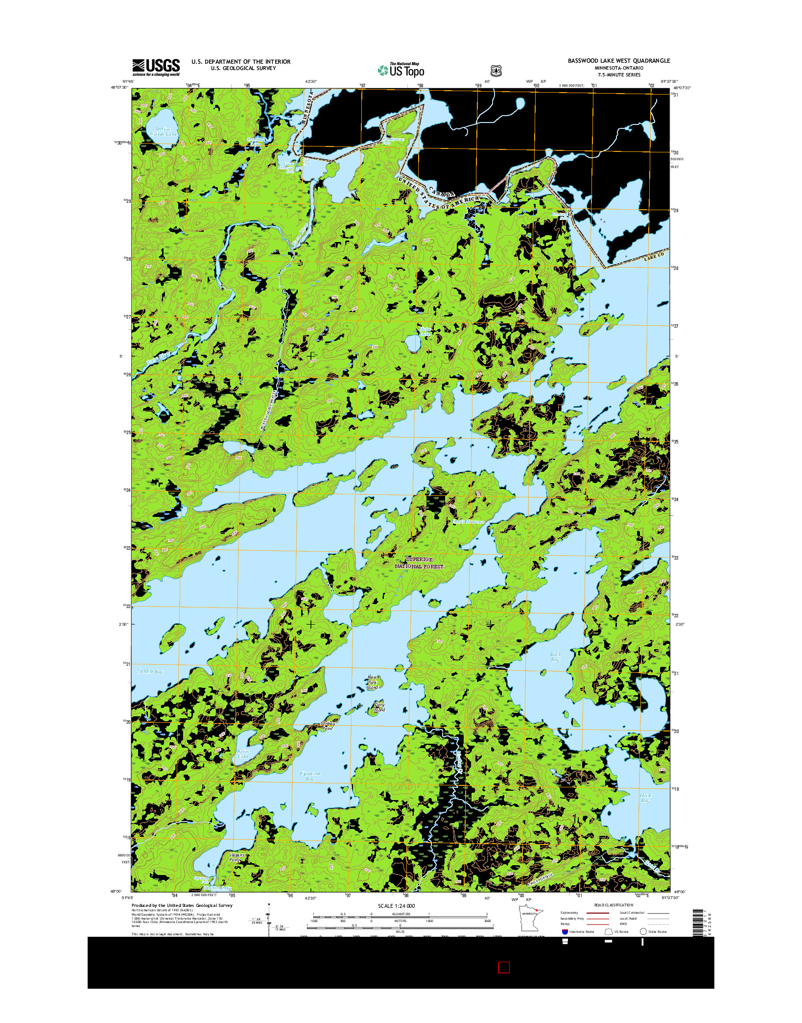 USGS US TOPO 7.5-MINUTE MAP FOR BASSWOOD LAKE WEST, MN-ON 2016