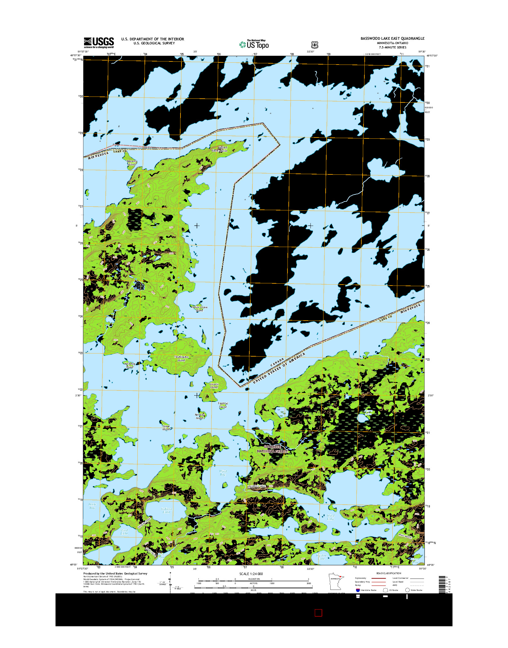 USGS US TOPO 7.5-MINUTE MAP FOR BASSWOOD LAKE EAST, MN-ON 2016