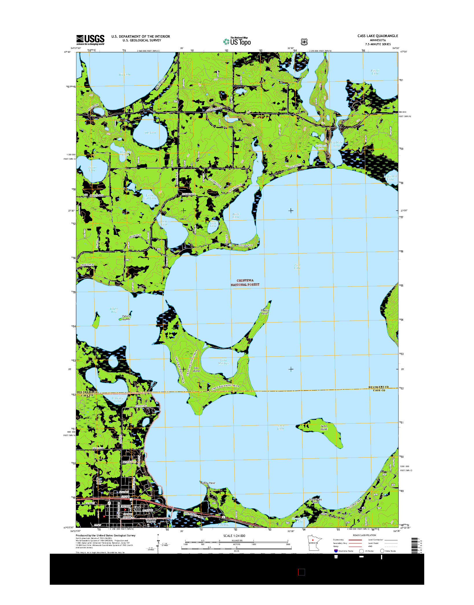 USGS US TOPO 7.5-MINUTE MAP FOR CASS LAKE, MN 2016