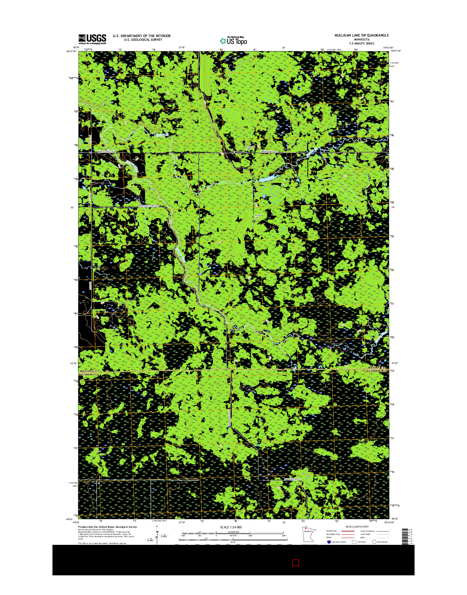 USGS US TOPO 7.5-MINUTE MAP FOR MULLIGAN LAKE SW, MN 2016