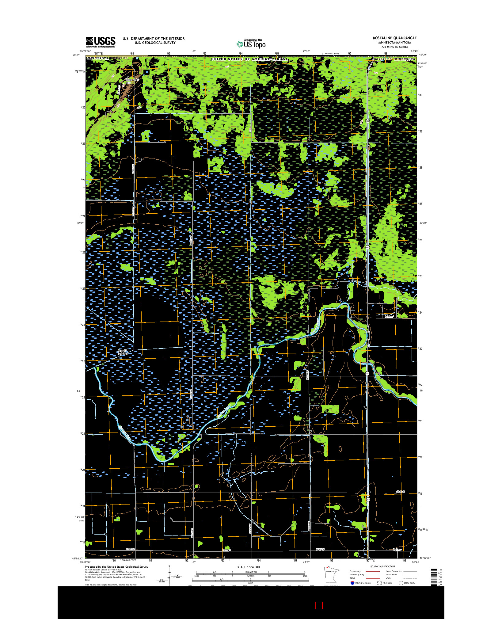 USGS US TOPO 7.5-MINUTE MAP FOR ROSEAU NE, MN-MB 2016