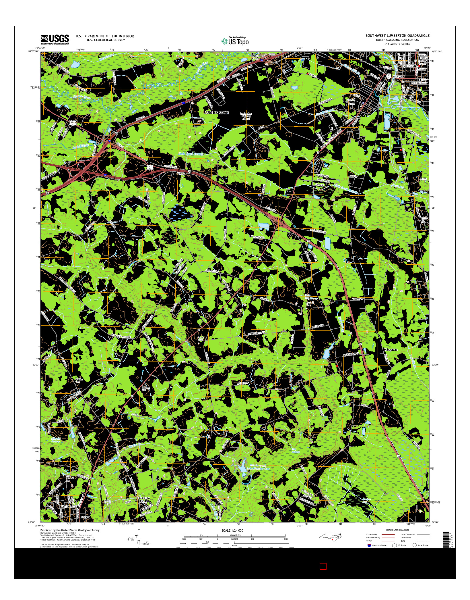 USGS US TOPO 7.5-MINUTE MAP FOR SOUTHWEST LUMBERTON, NC 2016