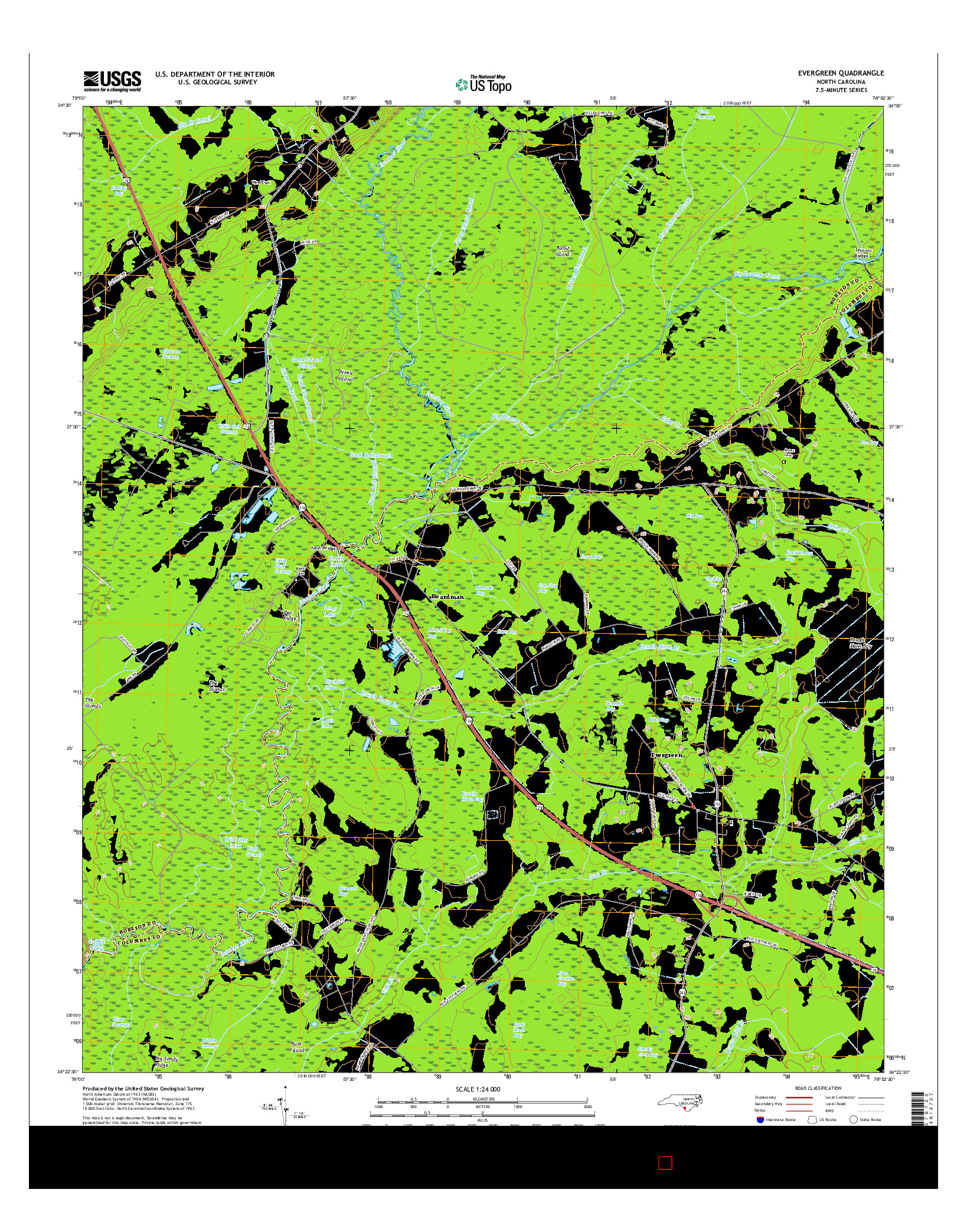 USGS US TOPO 7.5-MINUTE MAP FOR EVERGREEN, NC 2016