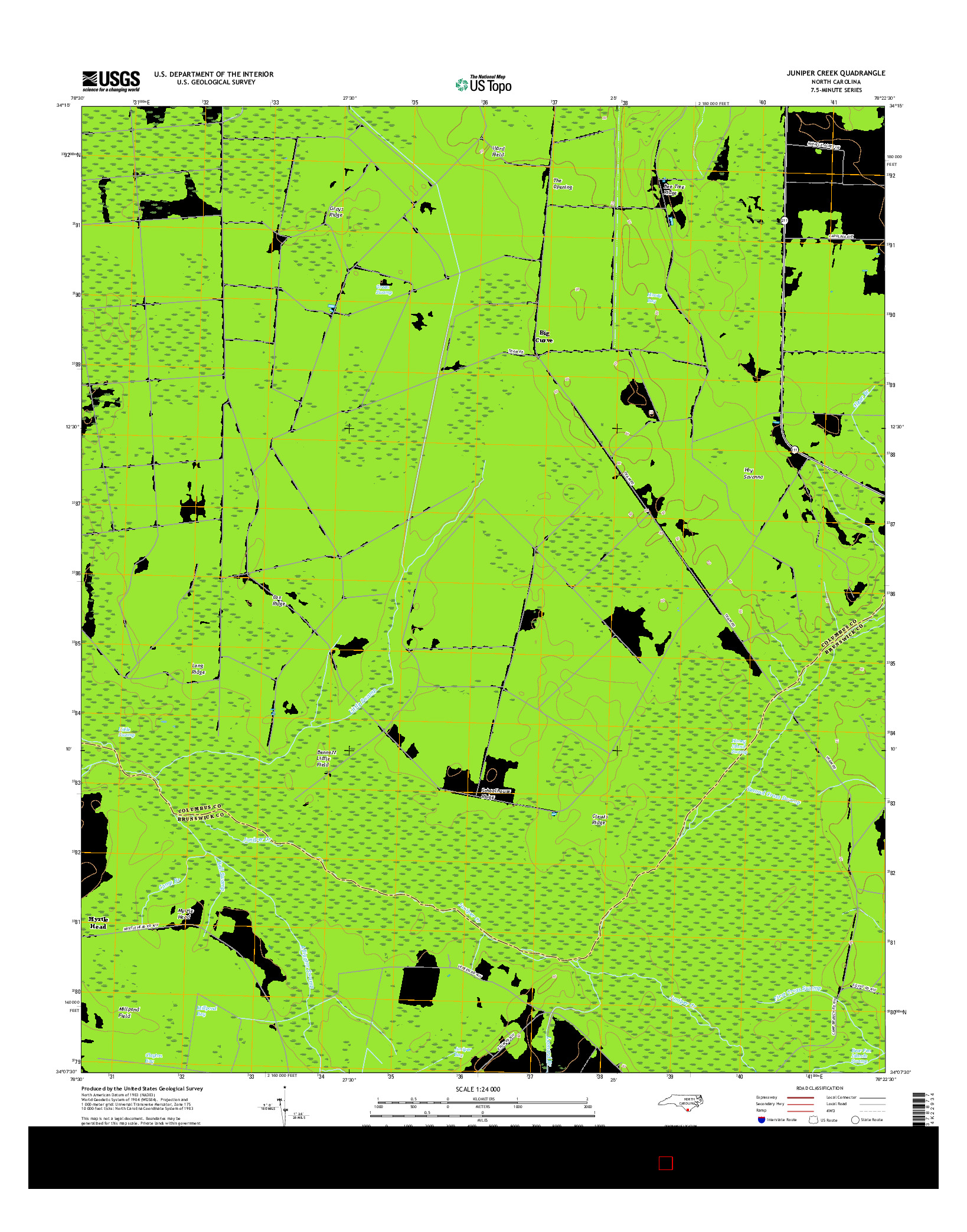 USGS US TOPO 7.5-MINUTE MAP FOR JUNIPER CREEK, NC 2016
